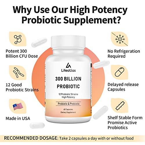 Lifeatlas 300 Billion CFU Probiotics - Probiotics for Women and Men, 12 Probiotic Strains Plus Prebiotic, for Immune & Digestive, Gut Health, Gas Bloating, Shelf Stable - 60 Capsules