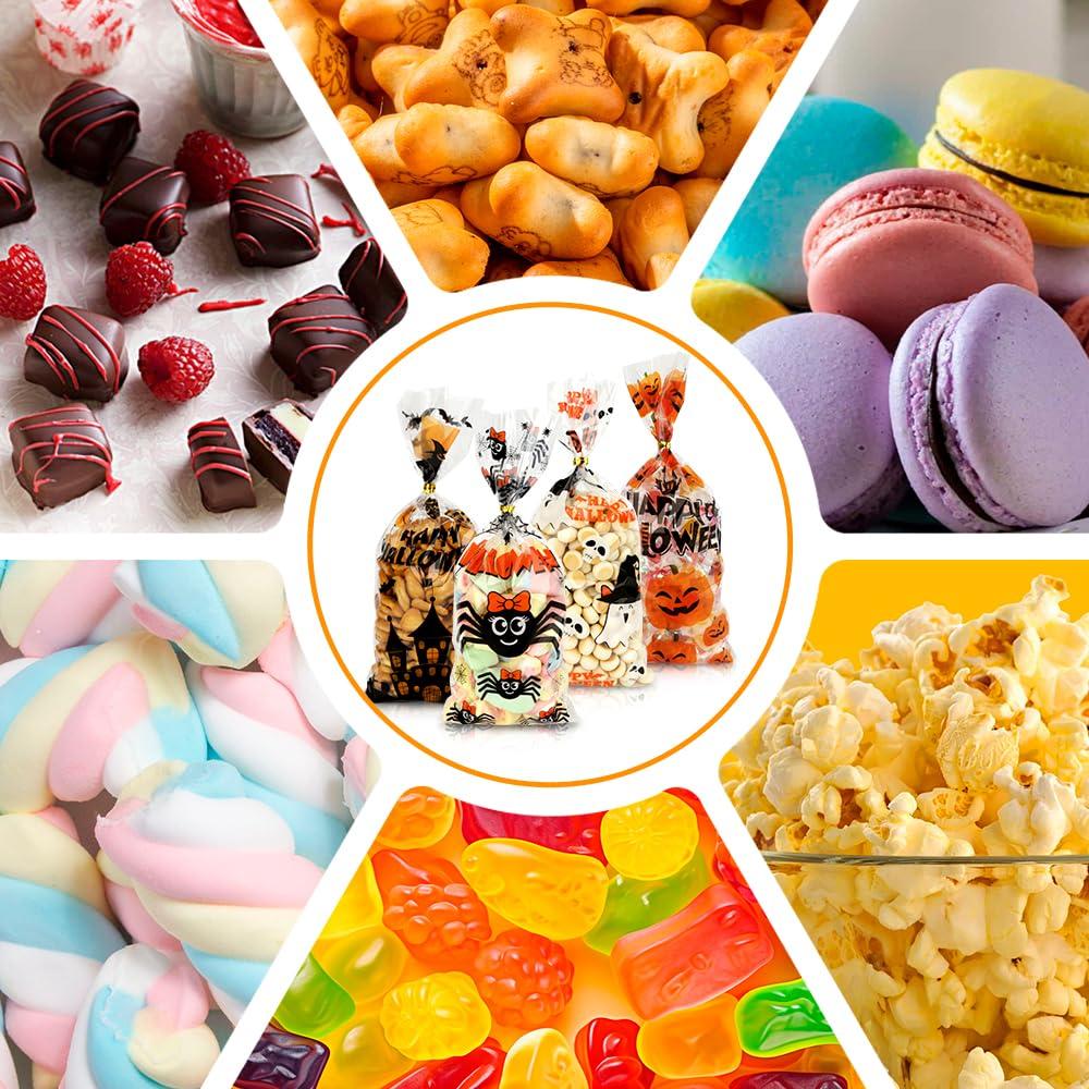 tauywolci Halloween Treat Bags, Halloween Cellophane Treat Bags, 60 PCS Halloween Candy Bags, Halloween Goodie Bags with Twist Ties, 4 Styles Small Halloween Gifts Bags for Trick or Treat Party Favors Supplies