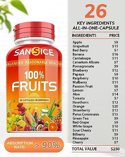 SANSICE SANSICE Fruits and Veggies Supplement, 100% Natural Fruit and Vegetable Vitamins Soy Free & Non-GMO Vegetable and Fruit Supplements for Women Men and Kids - 90 Fruit Capsules, 90 Veggie Capsules