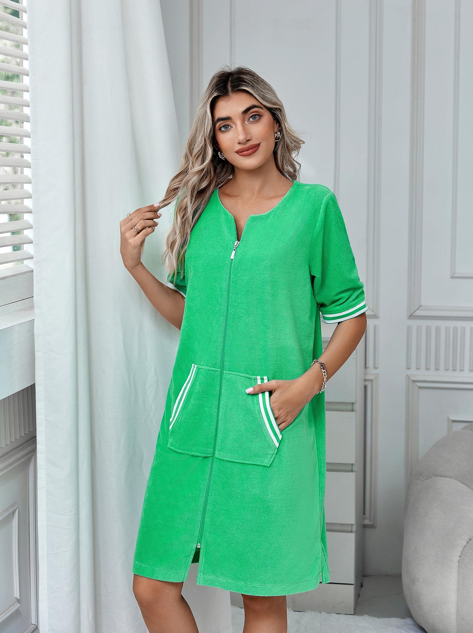 Richie House Richie House RH Housecoat Women Zipper Front Duster Robe 3/4 Lounger Housedress Pocket Nightgown S-3XL RHW4008-C-XL Green
