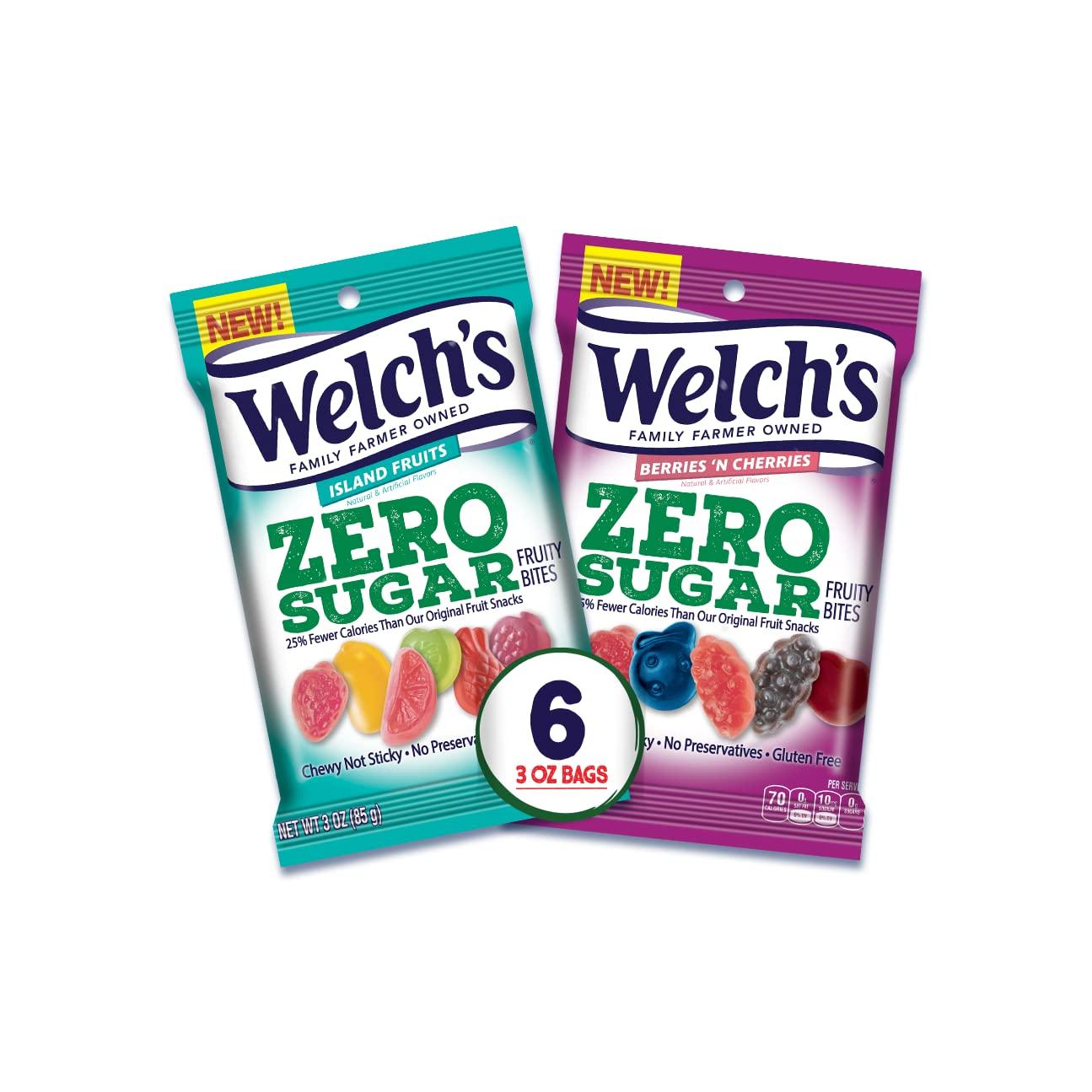 Welch's Welchs Zero Sugar Fruity Bites, Variety Fruit Snacks Pack with Berries \'N Cherries & Island Fruit, Gluten Free, 3 oz (Pack of 6)
