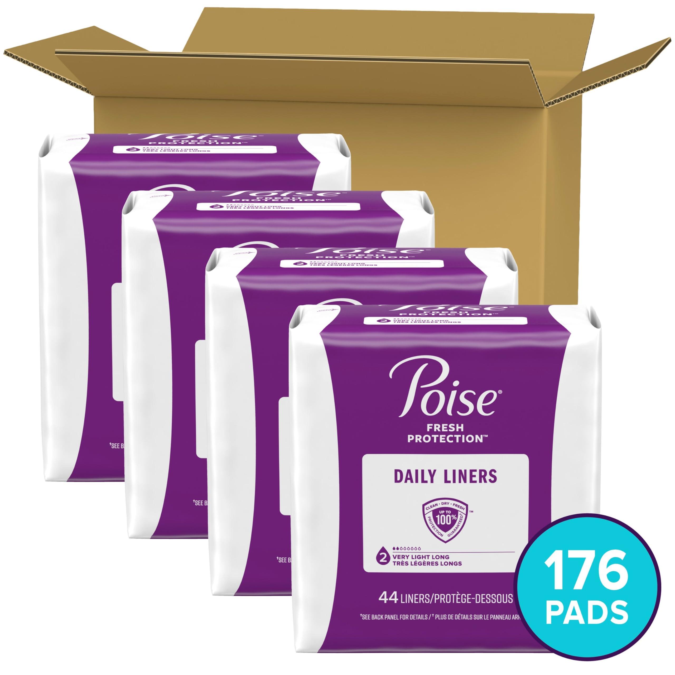 Poise Poise Daily Liners, Incontinence Panty Liners, 2 Drop Very Light Absorbency, Long Length, 176 Count of Pantiliners (4 Packs of 44), Packaging May Vary