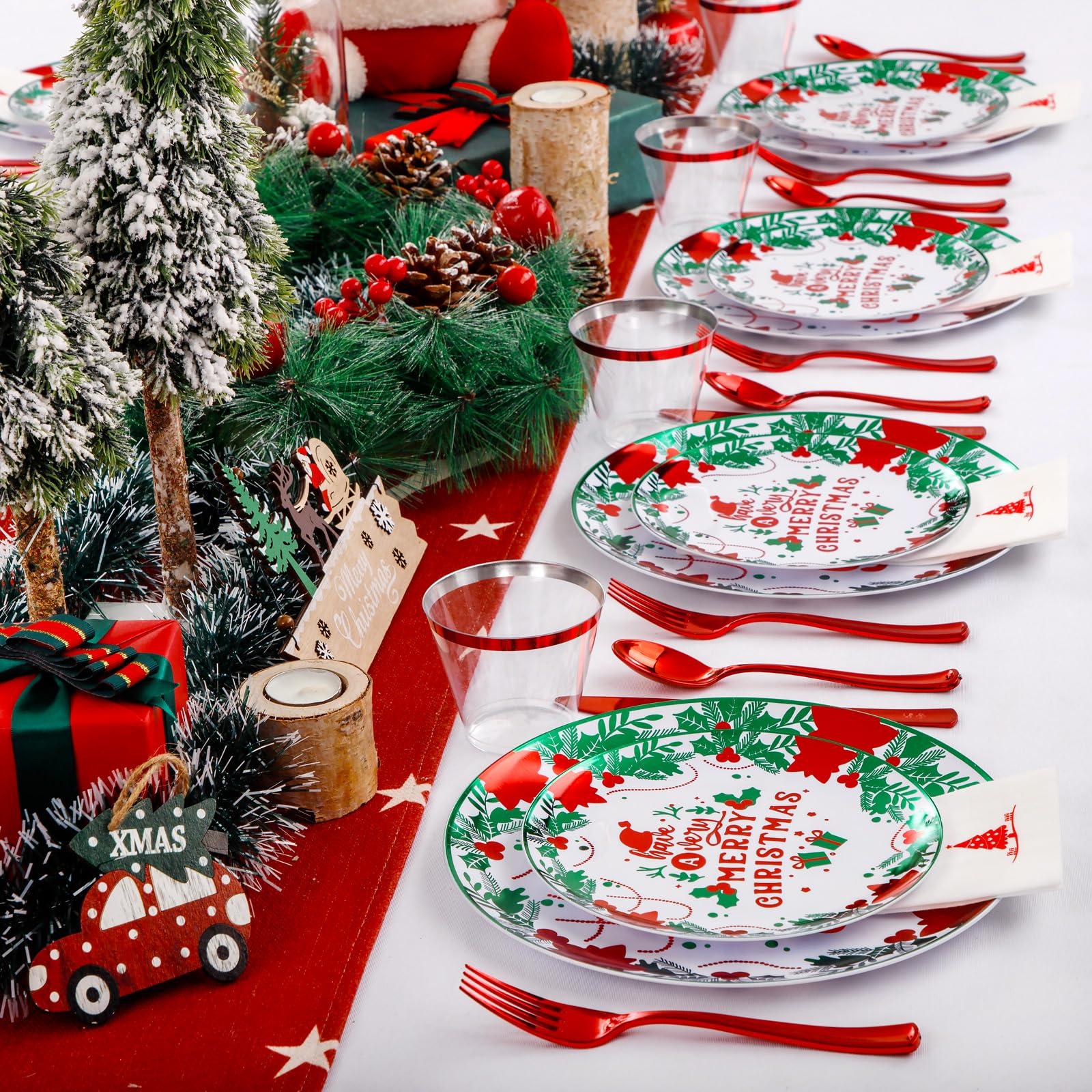 Liacere 175PCS Christmas plastic plates-White and Green Plates&Christmas Party Plates include 50 Christmas Plates 25 Cups 75 Plastic cutlery 25 Christmas Tree Napkins for Christmas