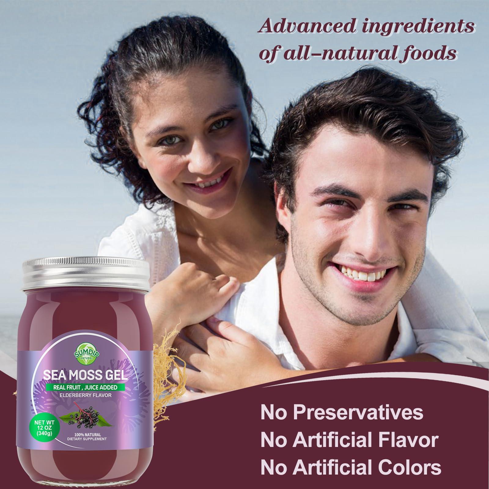 SumDIP Sea Moss Gel, Organic Raw Wildcrafted Irish Seamoss Gel Immune and Digestive Support Vitamin Mineral Antioxidant Supplements, Elderberry,Mixed Berry Flavor 12oz