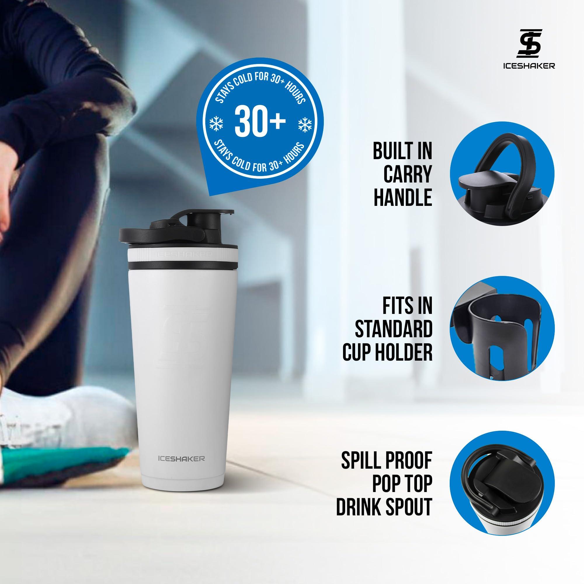 Ice Shaker Ice Shaker Insulated Stainless Steel Shaker Bottle | 26oz, White | Cold for 30+ Hours | Insulated Cup with Twist-on Agitator | Odor-Free Bottle for Protein Shakes, Water, Smoothies, Cocktails
