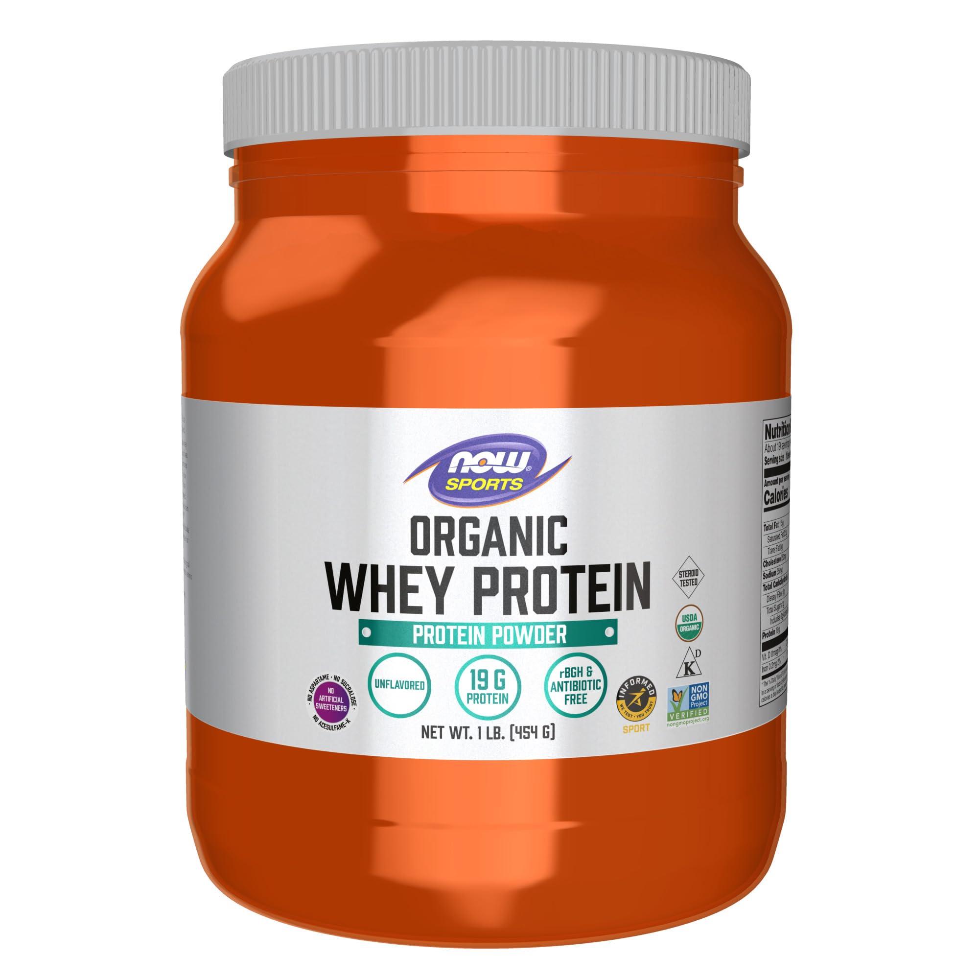 NOW NOW Sports Nutrition, Certified Organic Whey Protein 19 g, Unflavored Powder, 1-Pound