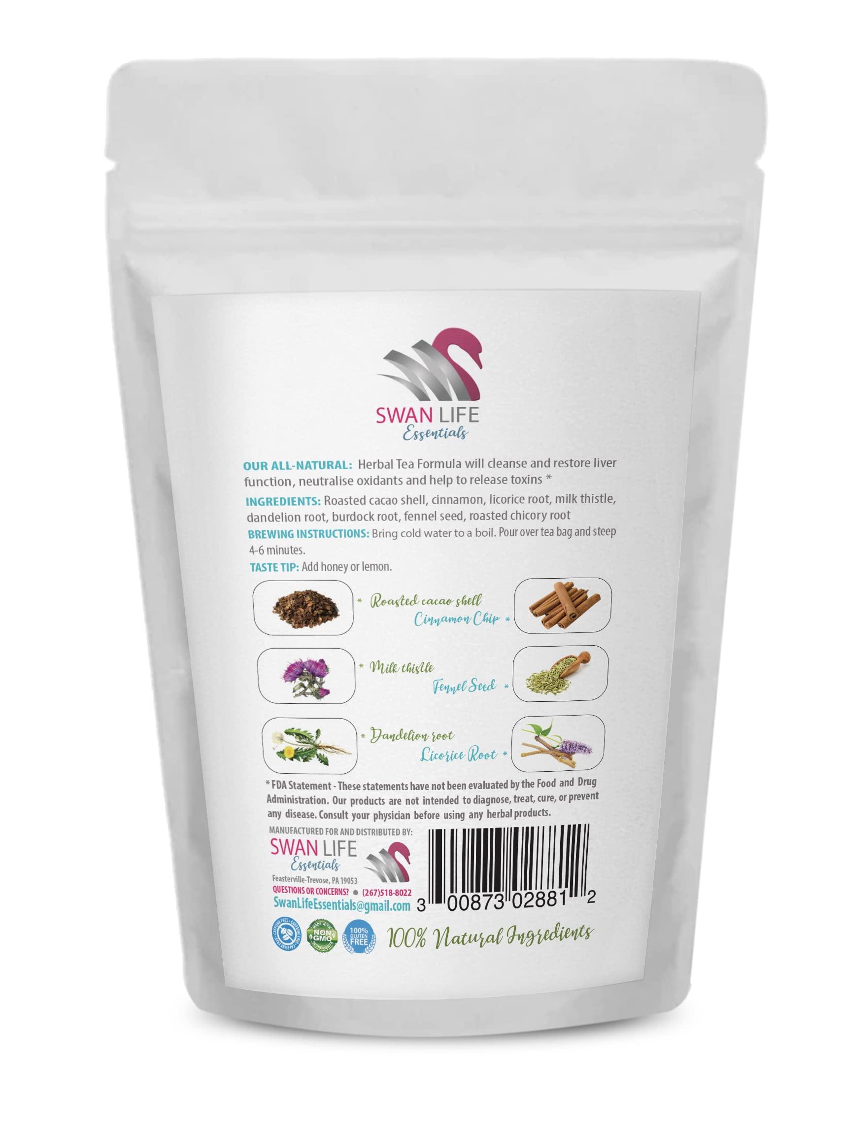 SWAN LIFE ESSENTIALS dandelion root milk thistle tea - LIVER DETOX TEA HERBAL, 14 Days, with milk thistle, dandelion, cinnamon, burdock, fennel seed, licorice, cacao shell - caffeine free, non gmo, gluten free - tea for liver health, 3 Bags