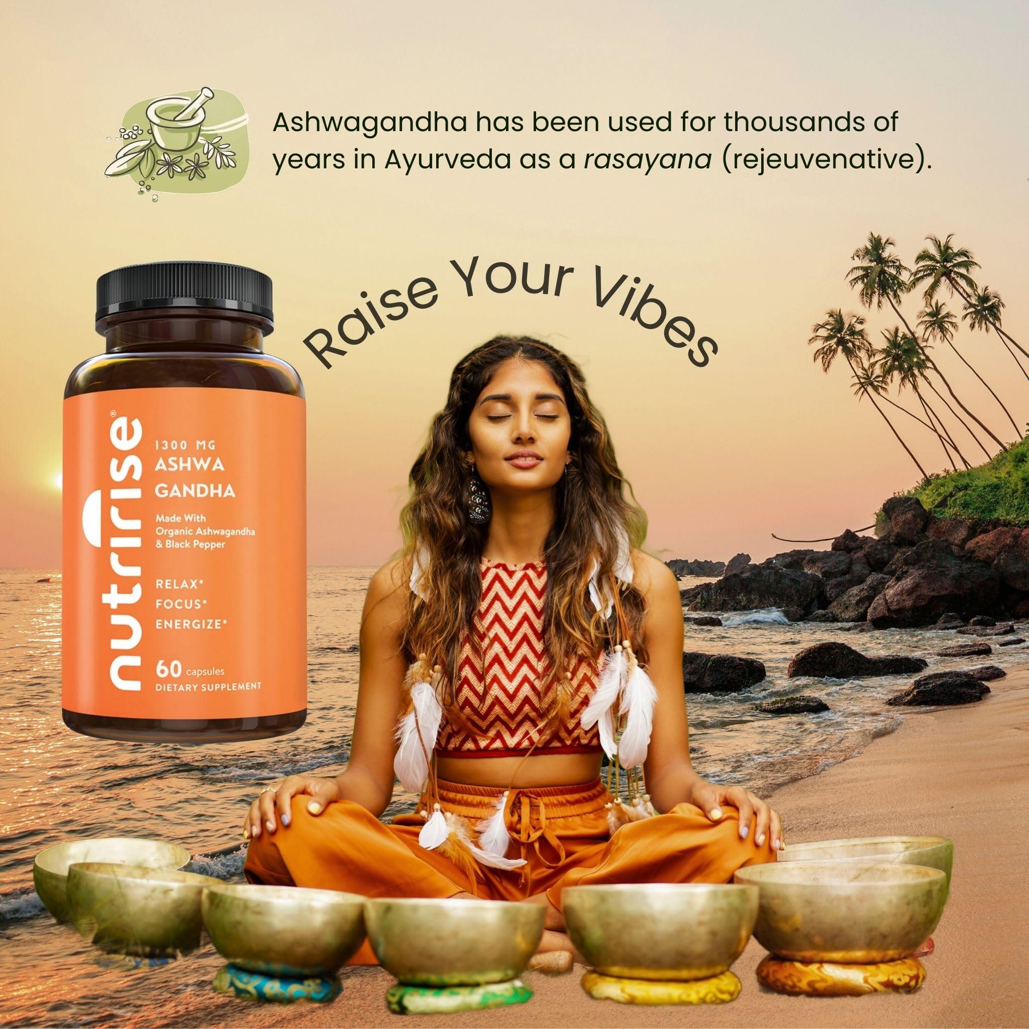 NutriRise NutriRise Organic Ashwagandha Root Capsules with Black Pepper, 1300mg, Natural Stress & Mood, Thyroid & Immune Support Supplement, Clarity, Focus & Energy, Gluten Free, 60 Count