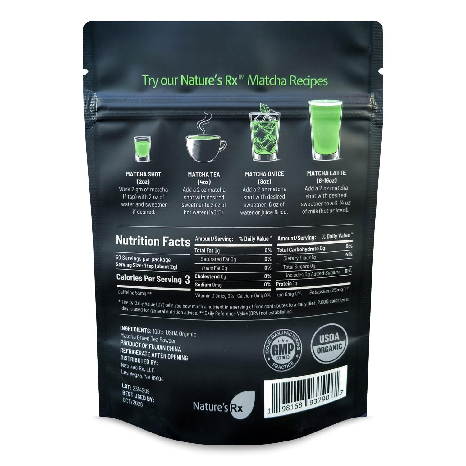 Natures Rx Organic Matcha Green Tea Natures Rx Organic Matcha Tea Powder Premium Grade 100g Pack | 50 Servings