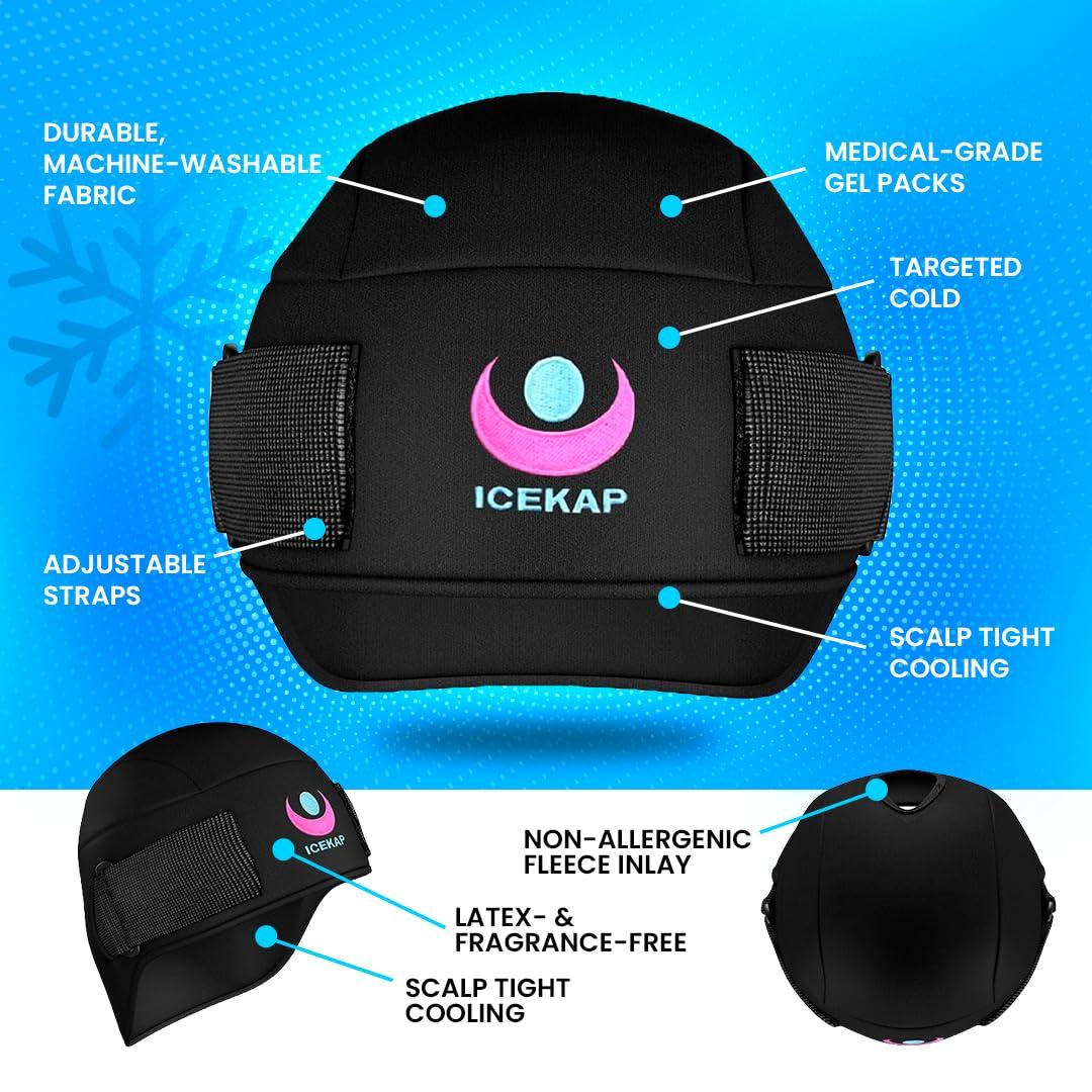 ICEKAP Icekap (2-Hour Cooling) Extra Strength Cold Cap, Adjustable Compression, Swappable Gel Packs. Class 1 Medical Device for Migraine, Scalp, Concussion Relief, Chemo. Comfortable Sizes & Machine Washable