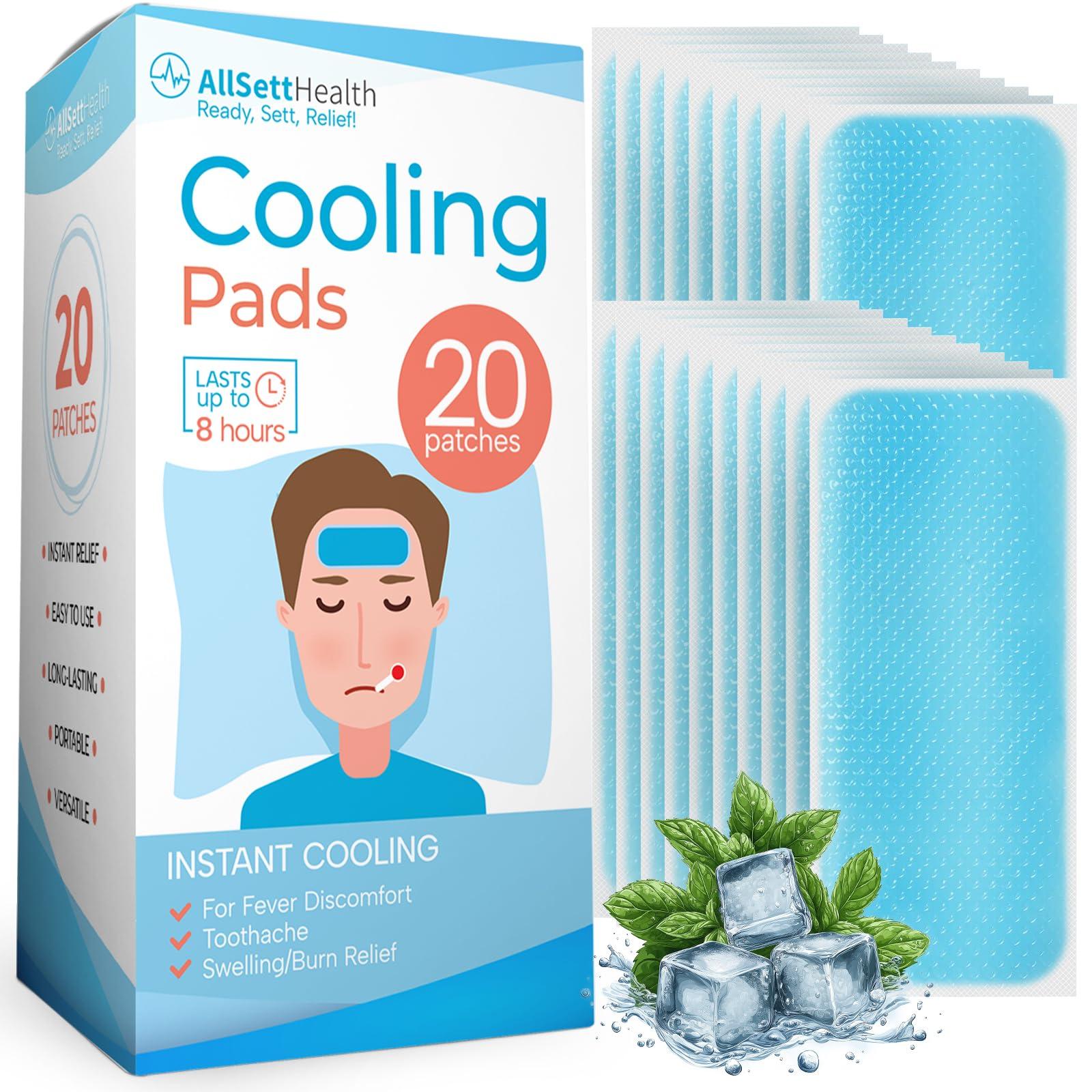 AllSett Health 20 Pack - Cooling Patches for Fever, Natural Headache and Migraine Relief, Soft Gel Sheets, Fever Patch for Kids, Tension/Sinus, Headache Relief Prevention