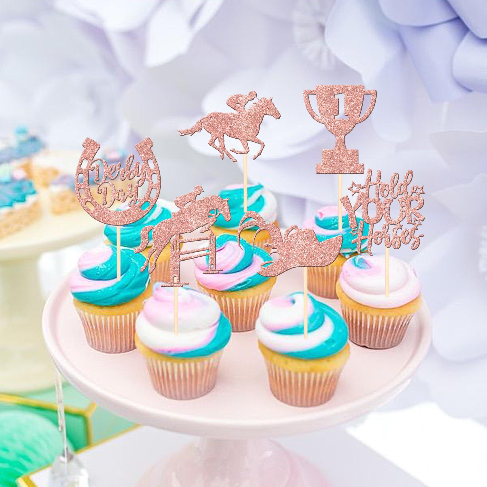 ZHUOWEISM 24 PCS Derby Horse Cupcake Toppers Glitter Horse Racing Cupcake Picks Sports Equestrian Theme Baby Shower Kids Birthday Kentucky Derby Party Cake Decorations Supplies Rose Gold