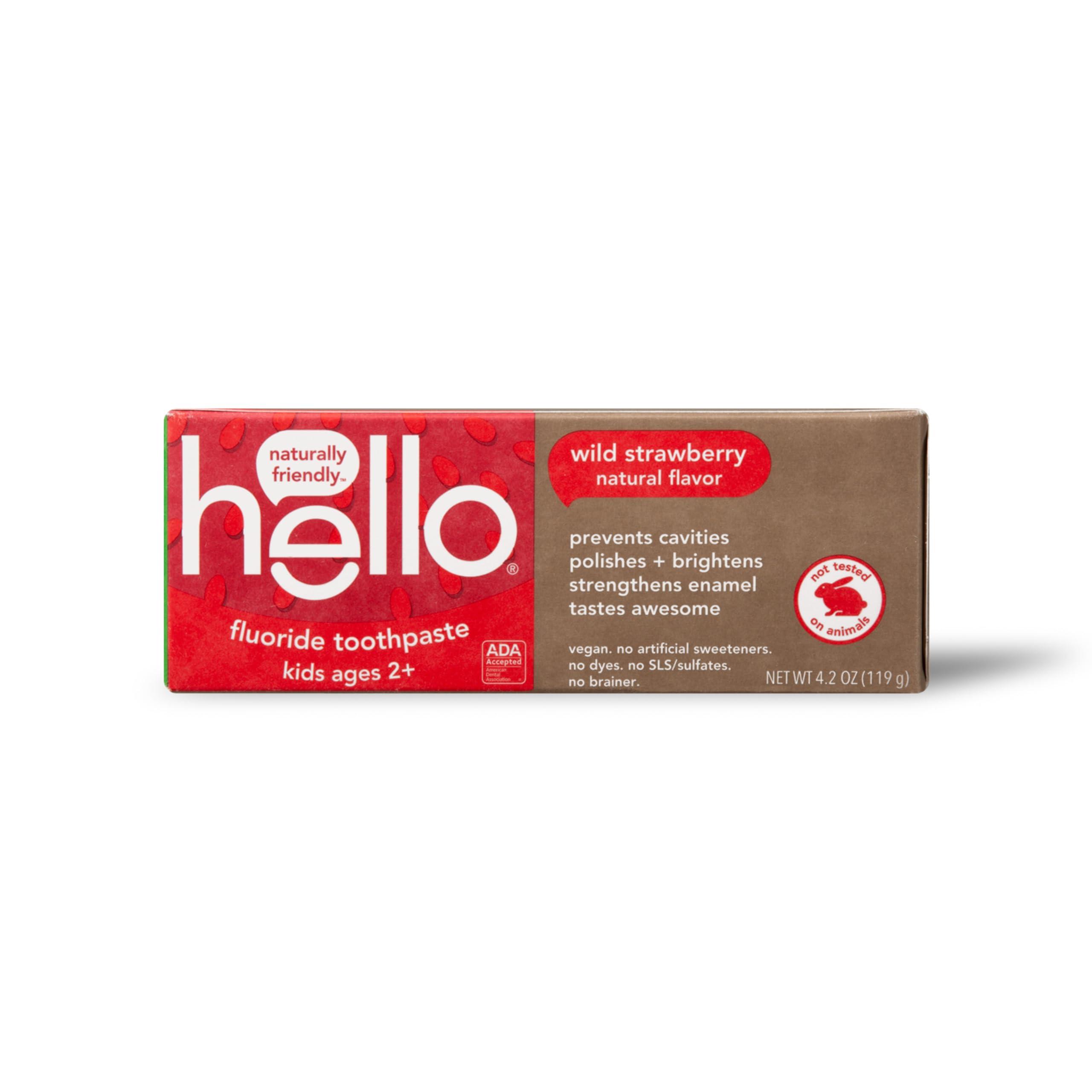 hello hello Wild Strawberry Kids Toothpaste with Fluoride, Strawberry Toothpaste for Kids, Safe for Ages 2 and Up, Helps Prevent Cavities, Strengthen Enamel, and Polishes Teeth, ADA Approved, 3 Pack, 4.2 Oz