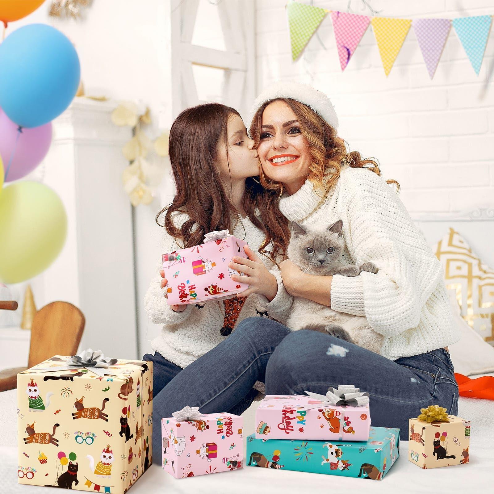 WERNNSAI WERNNSAI Cat Wrapping Paper Rolls - 3 Rolls 17 x 120 Birthday Wrapping Paper Rolls Cat Birthday Gift Wrap Paper Girls Wrapping Paper Rolls Kitten Wrapping Paper Bday Gift Wrap Paper with Cutting Lines 10ft