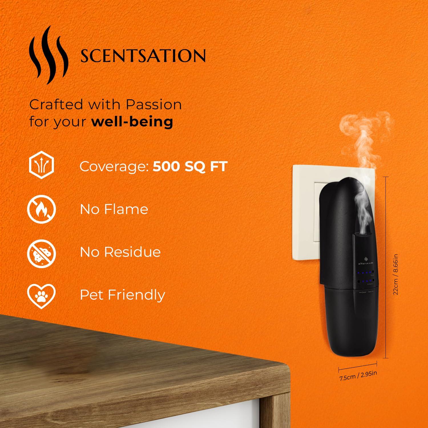 SCENTSATION Plug-in Essential Oil Diffuser - Silent & Waterless Aromatherapy - Cold Air Diffusion, Wide Area Coverage up to 500 SqFt - Ideal for Home, Office, Spa (Plug-in Diffuser - Black)