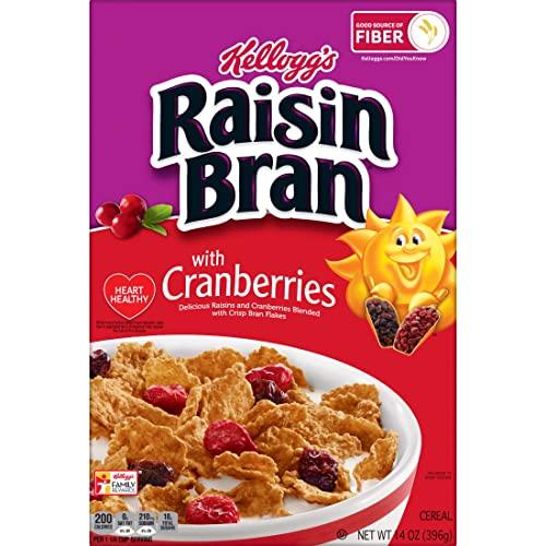 Raisin Bran Kellogg\'s Raisin Bran Cold Breakfast Cereal, Fiber Cereal, Heart Healthy, Original with Cranberries, 14oz Box (1 Box)