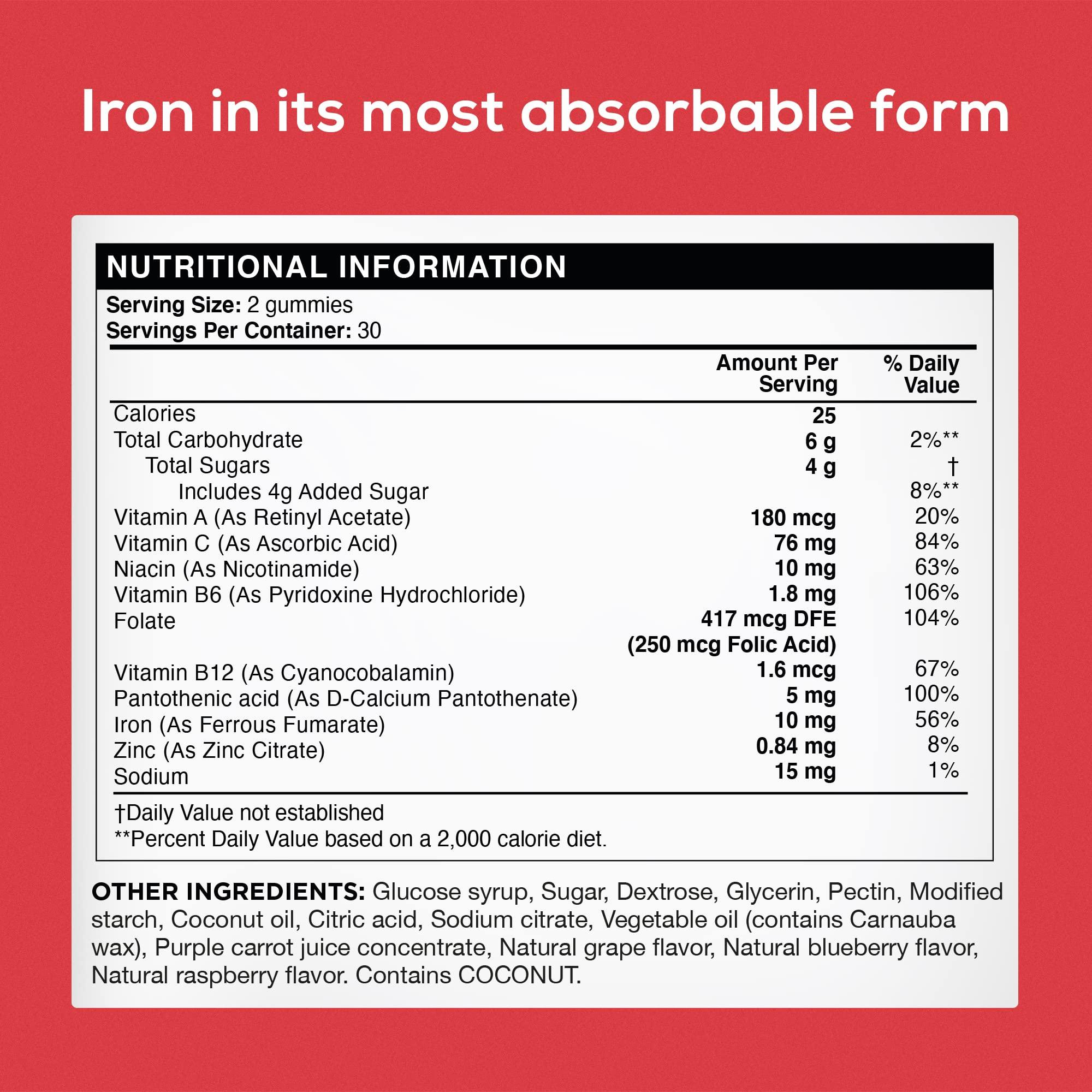 nothing BUT nutrition Natural Iron Supplement for Women and Men with a Delicious Mixed Berry Flavor - Chewable Vegan Iron Supplements w/ Vitamin C, Zinc, Folic Acid & B Vitamins - 60 Iron Gummies for Anemia