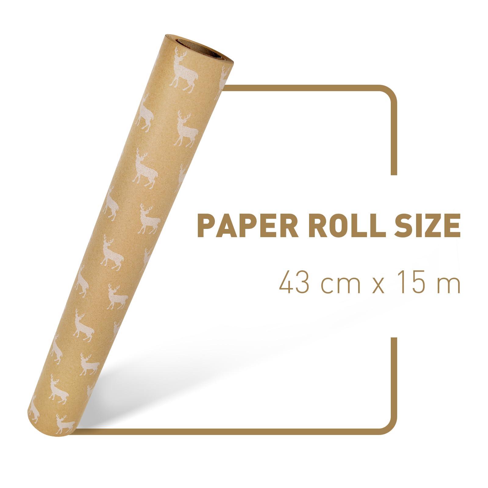 haipicho haipicho Christmas Wrapping Paper Roll, Fully Recycled Kraft Paper 43cm x 15m (White Elk)