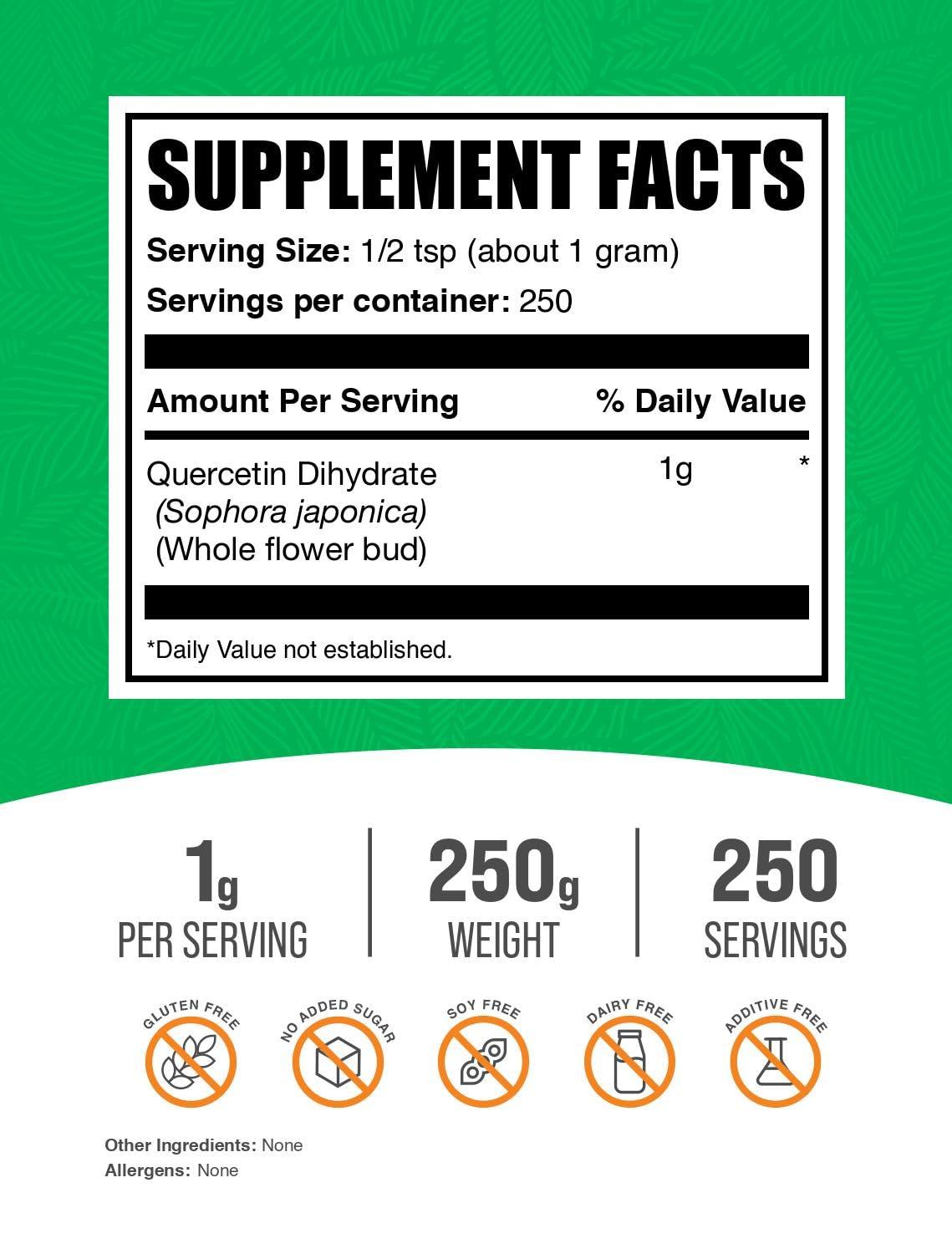 BULKSUPPLEMENTS.COM BulkSupplements.com Quercetin Dihydrate Powder - Quercetin Supplements, Quercetin 1000mg - Antioxidants Source, Vegan & Gluten Free, 1000mg per Serving, 250g (8.8 oz) (Pack of 1)