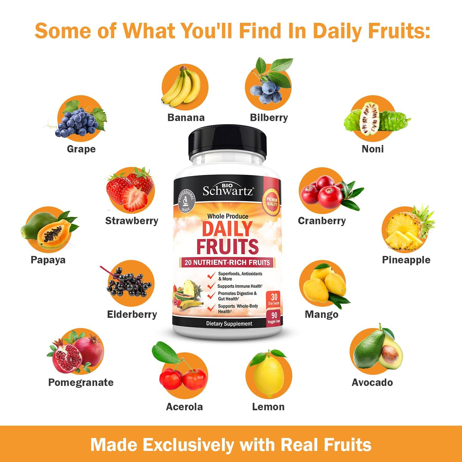 BioSchwartz Fruit and Veggies Supplement for Adults - Daily Super Fruits and Vegetables Capsules for Enhanced Energy Gut Health Immune Support & Overall Wellness with 47 Whole Food Fruits and Veggies (1 Month)