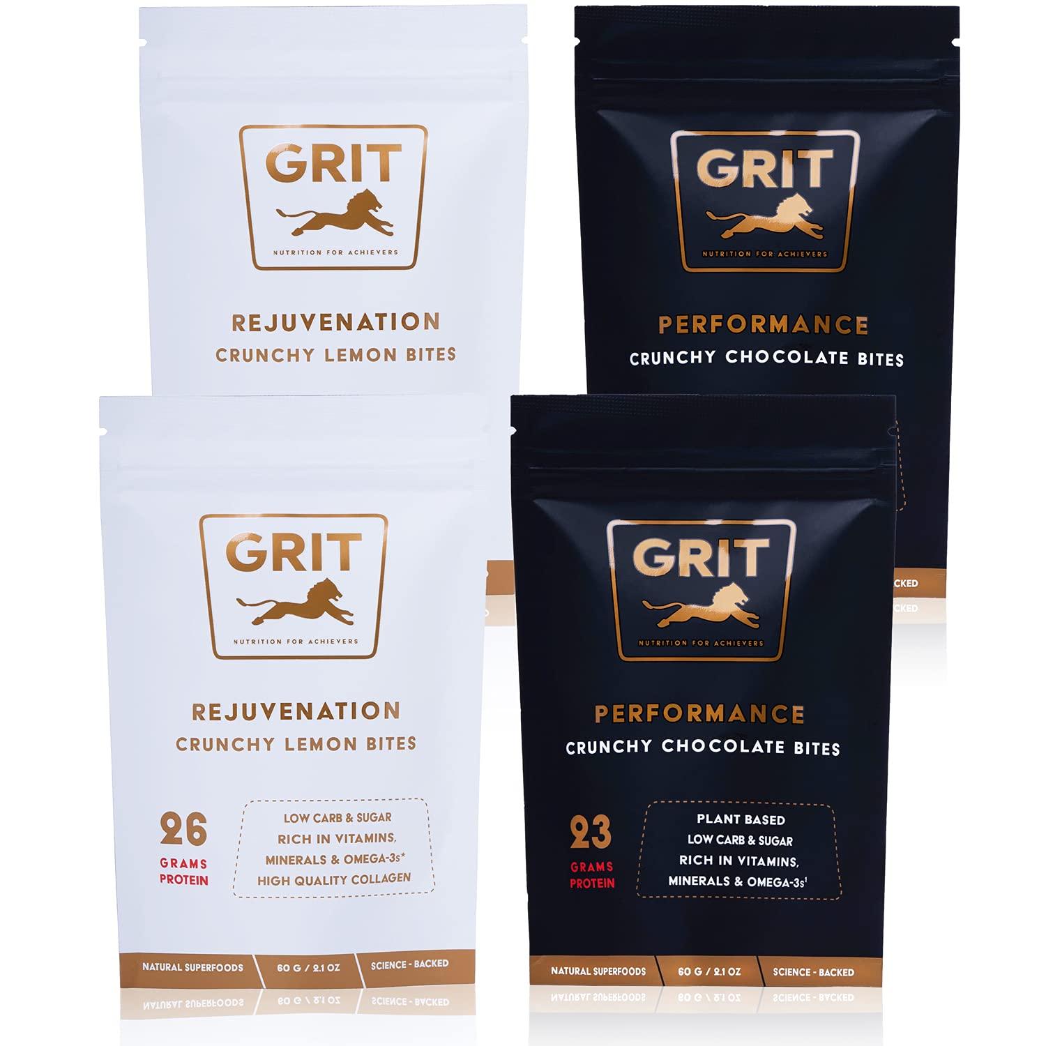 GRIT Superfoods Nutrition Bites Sampler Pack | 23-26g Protein | High Energy Pre-Workout and Joint Support Supplements | Muscle-Building and Endurance | Gluten Free, Keto, No Soy | GRIT Superfoods (60g, 4 pack)
