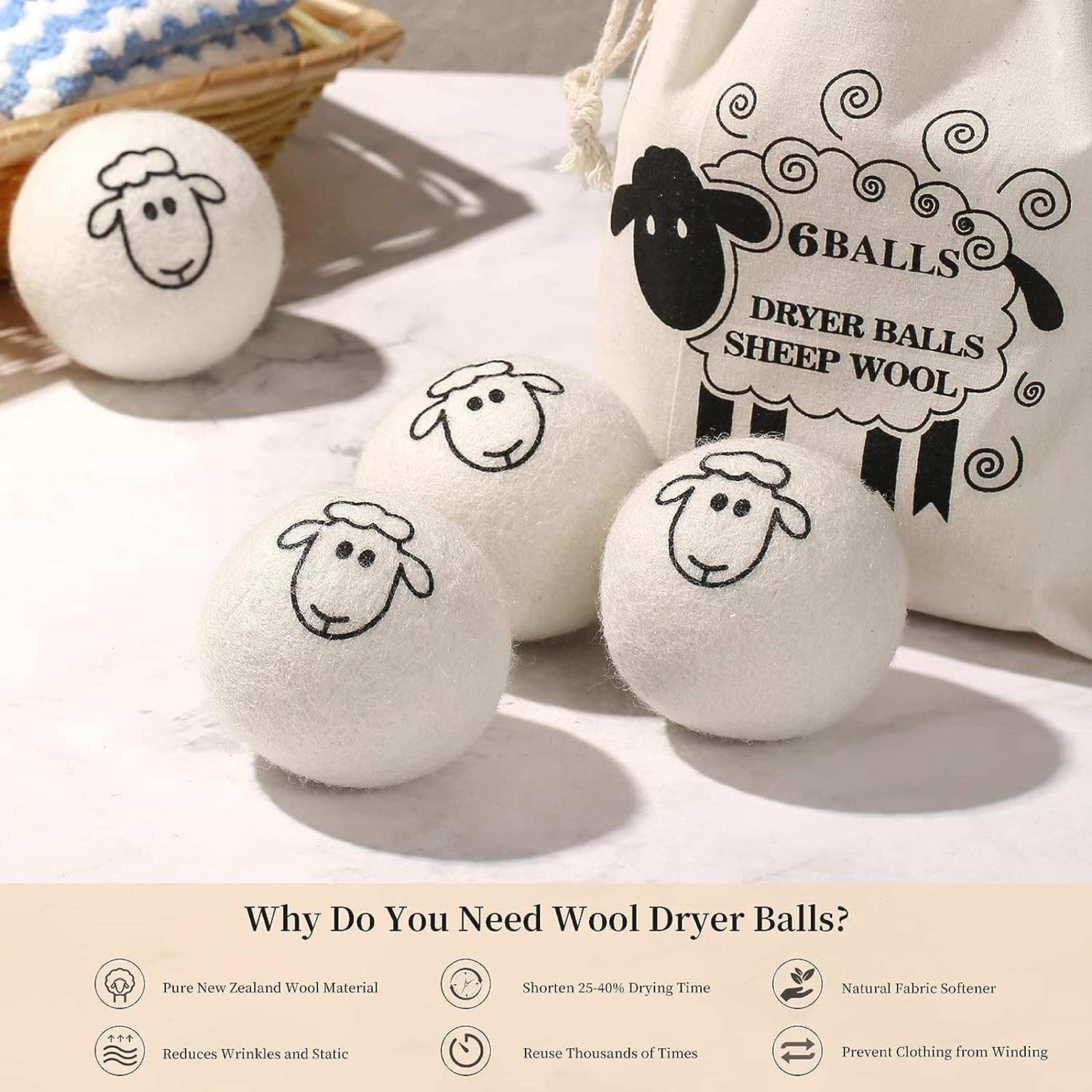 B0CMN1GKHV Wool Dryer Ball 100% Organic Wool from New Zealand. Natural Fabric Softener, Reusable, Reduces Clothing Wrinkles ans Saves Drying Time (Pack of 6)