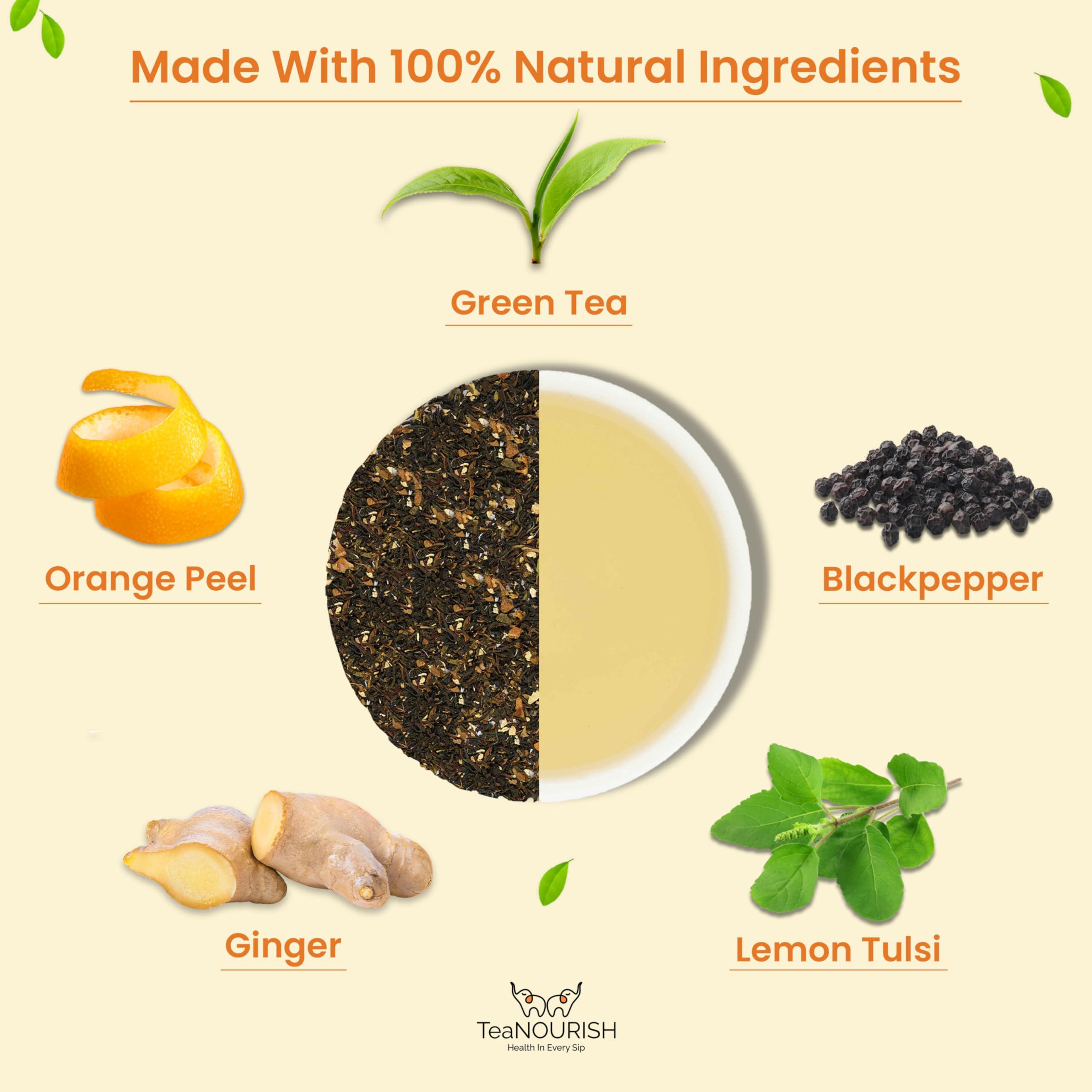 TEANOURISH TeaNOURISH Lemon Tulsi Green Tea | Darjeeling Loose Leaf | Stress Relief Tea | Immune Support Tea | 100% Natural Ingredients | Brew 50 Cups Hot or Iced Tea - 3.53oz/100g (Pack of 2)