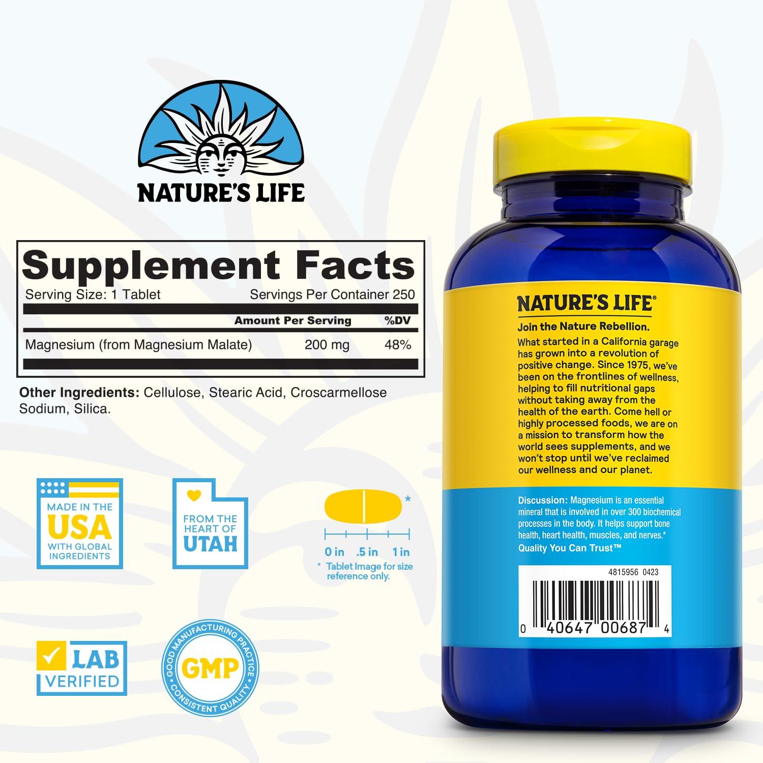 Nature's Life Nature\'s Life Renewing Magnesium Malate 200 mg - One Per Day - Muscle, Heart, Nerve Health, and Bone Support - Maximum Absorption - Lab Verified - 60-Day Guarantee - 250 Servings, 250 Tablets
