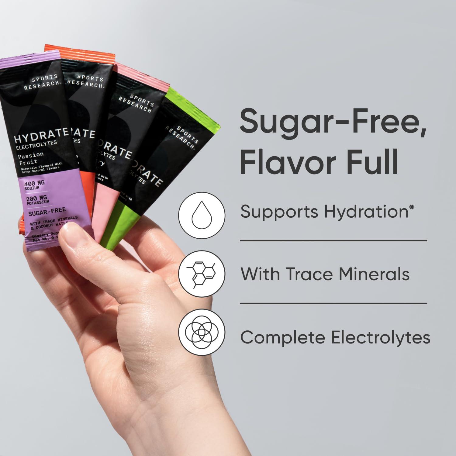 Sports Research Sports Research Hydrate Electrolytes Combo Pack - Sugar-Free & Naturally Flavored with Vitamins, Minerals, and Coconut Water - Supports Hydration - 32 Packets - Lemon Lime Dominant Flavor