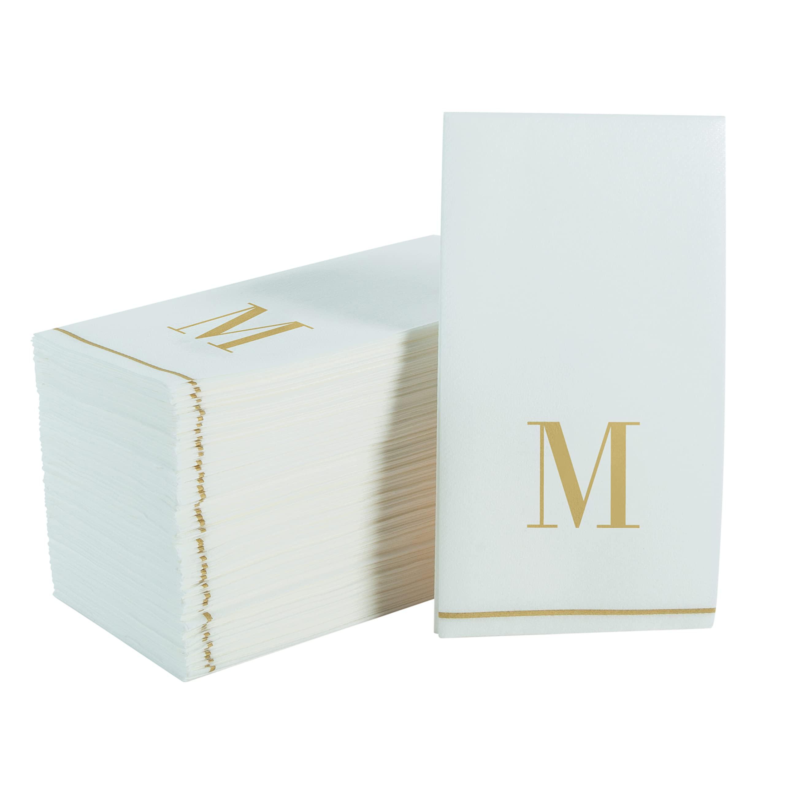 LUXE PARTY Luxe Party 112 Pack Monogram Napkins | Letter M Initial | Disposable | Premium Airlaid | Linen Feel | Decorative Table Setting | Guest Towel Napkin | White and Gold