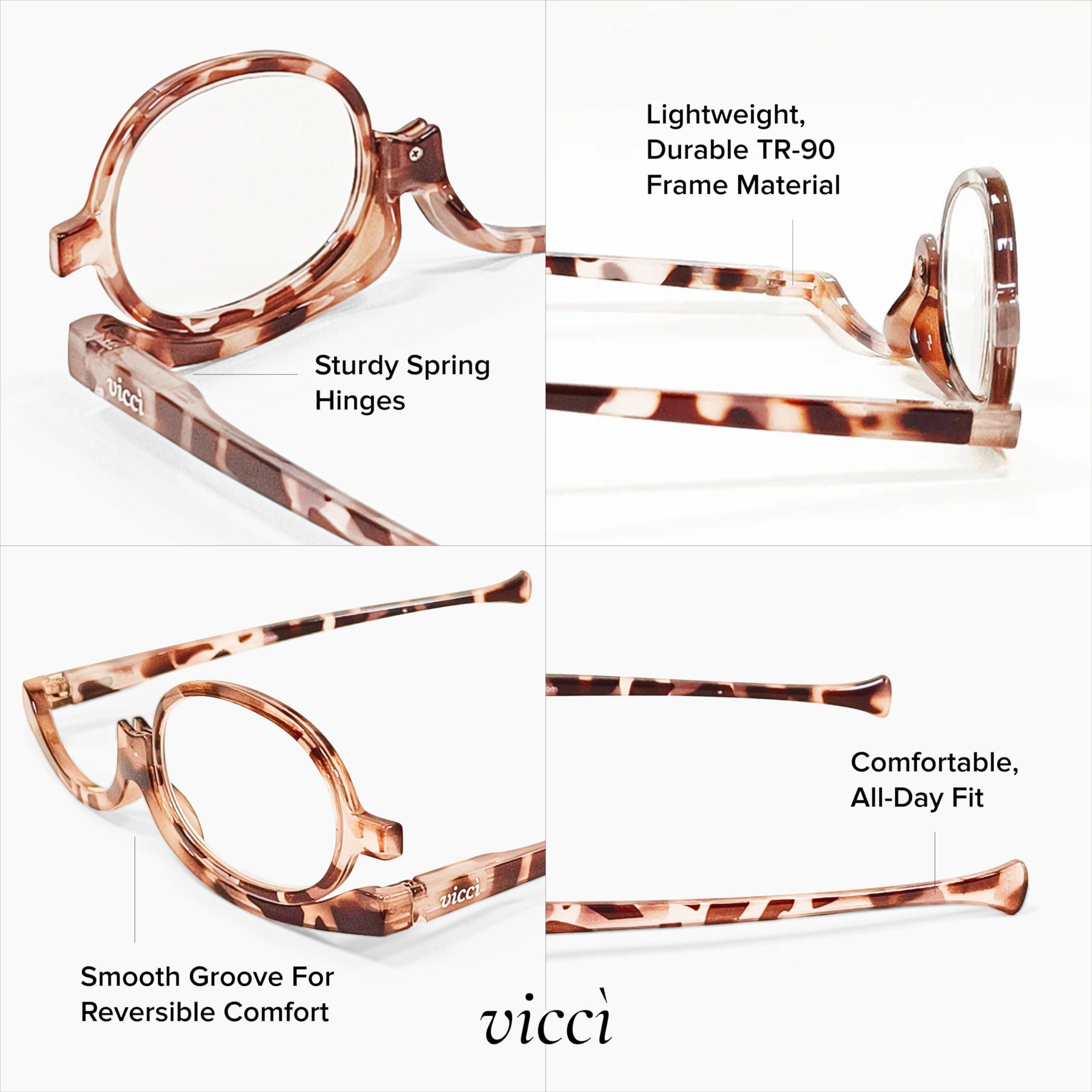 VICCI VICCI Makeup Reading Glasses | Cosmetic Readers Flip Up Lens Magnifying Eyeglasses for Women | Dual-Purpose Functionality, Lightweight Makeup Glasses Offer Distortion-Free Vision +1 | Tortoise