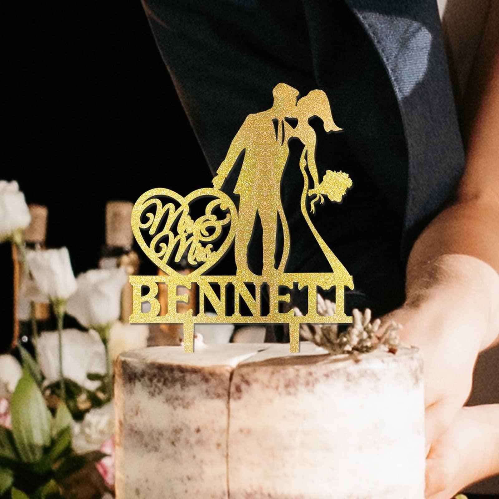 YJHLBHDIAN Mr and Mrs Cake Topper for Wedding Couple Married Cake Topper Afro Bride and Groom Silhouette Wedding Cake Topper Custom Cake Topper Personalized Bride Gift Acrylic Gold Cake Toppers