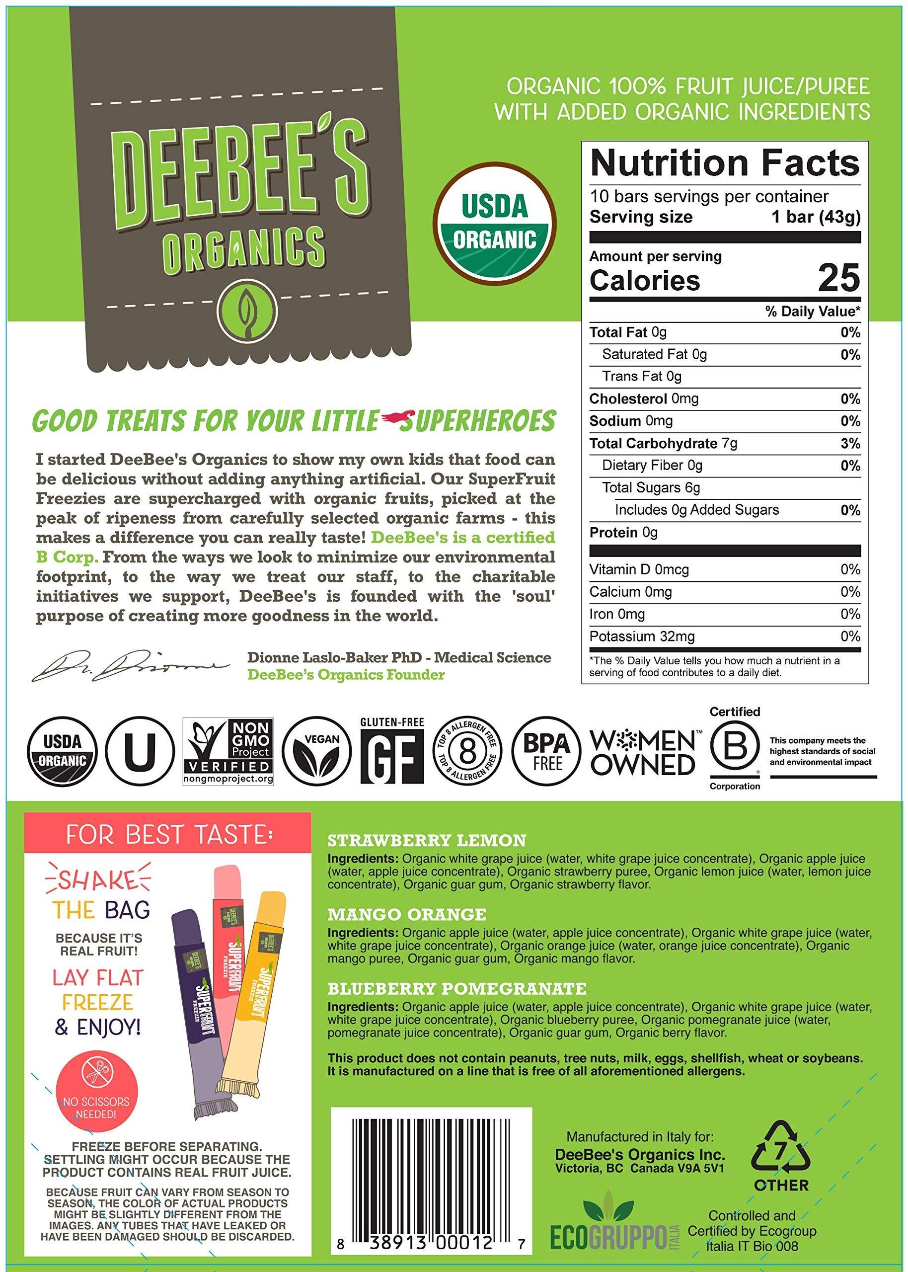 Deebee's Deebee\'s 100% Organics Super Fruit Freezie Frozen Juice Bars - Grape, Strawberry and Tropical Fruit Popsicles - Nut, Gluten and Dairy-Free, No Added Sugars - Vegan,Kosher and Non-GMO 30 Pack, Colorful, Organic, 40.5 Fl Oz