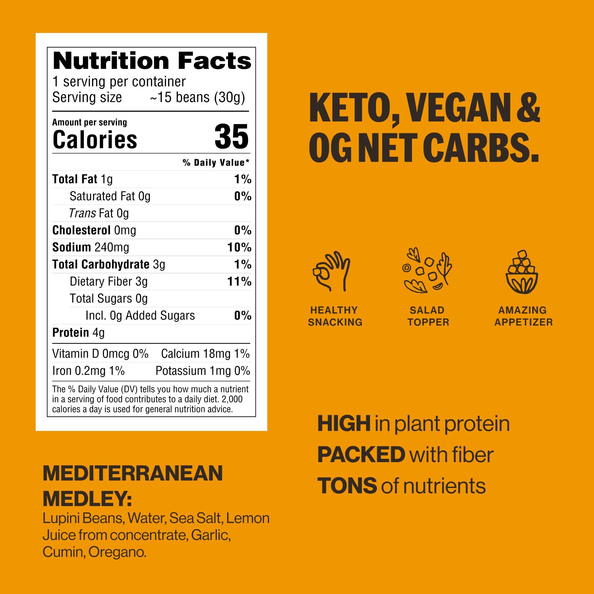 BRAMI Brami Lupini Beans Snack, Mediterranean Medley | 7g Plant Protein, 0g Net Carbs | Vegan, Vegetarian, Keto, Plant Based, Mediterranean Diet | 1.1 Ounce (Pack of 8)