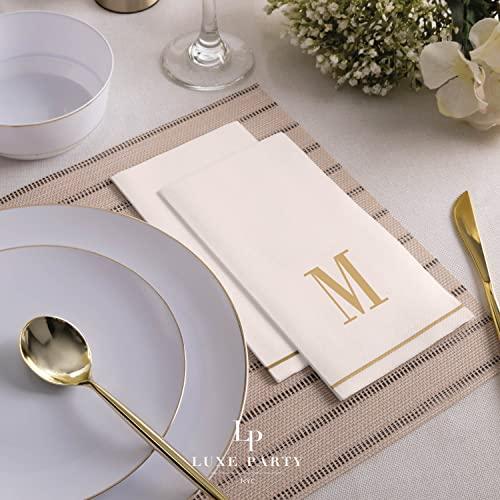 LUXE PARTY Luxe Party 112 Pack Monogram Napkins | Letter M Initial | Disposable | Premium Airlaid | Linen Feel | Decorative Table Setting | Guest Towel Napkin | White and Gold