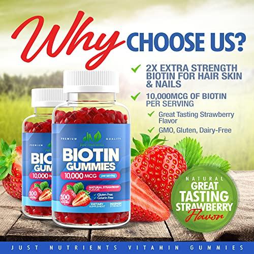 Just Nutrients Biotin 10,000mcg Gummies for Women & Men (100 Count) - 2x Extra Strength Biotin for Hair Growth, Skin & Nails - Gluten-Free, Vegan, Non-GMO, Great Tasting Strawberry Flavor - 100 Gummies