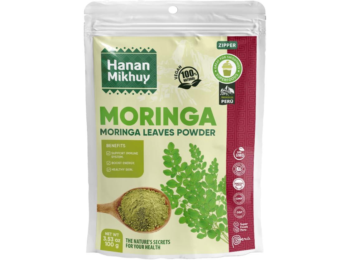 HANAN MIKHUY Hanan Mikhuy Moringa Oleifera Leaf Powder | Hojas de Moringa | Peruvian Superfoods 100% Natural, Vegan & Non-GMO For Smoothies & Recipes Energy | 3.5oz (100g)