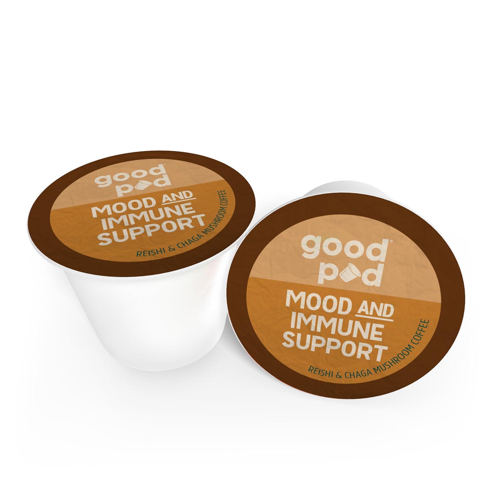 INDEPENDENCE COFFEE CO. goodPOD Mood and Immune Support Single Serve Coffee K Cup Pods, Organic Arabica Coffee with Reishi & Chaga Mushrooms, Medium Roast, 12 Count