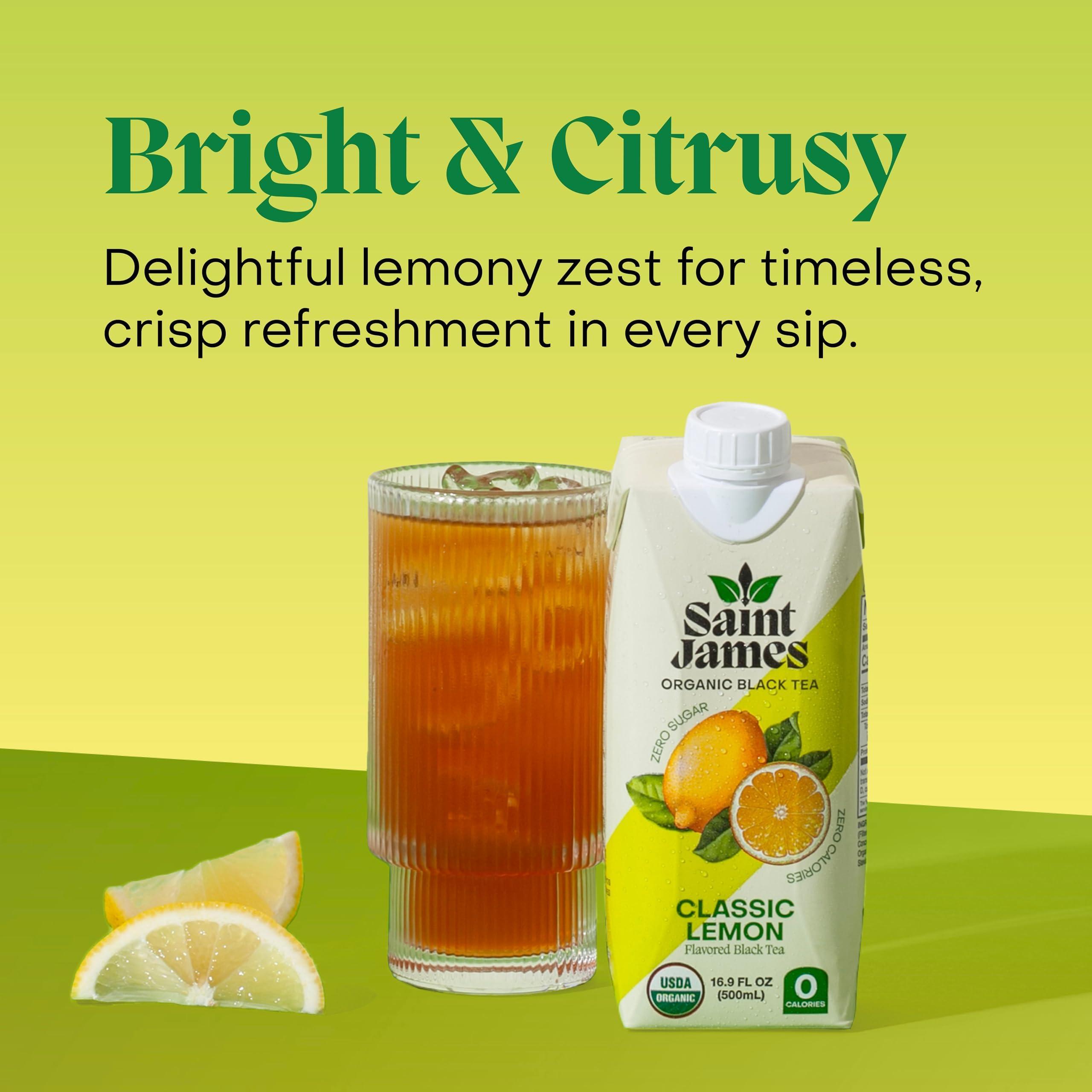 Saint James Brands Saint James Organic Black Tea, Classic Lemon, Zero Sugar, Kosher, USDA Certified Organic, 16.9 Fluid Ounce (Pack of 12)