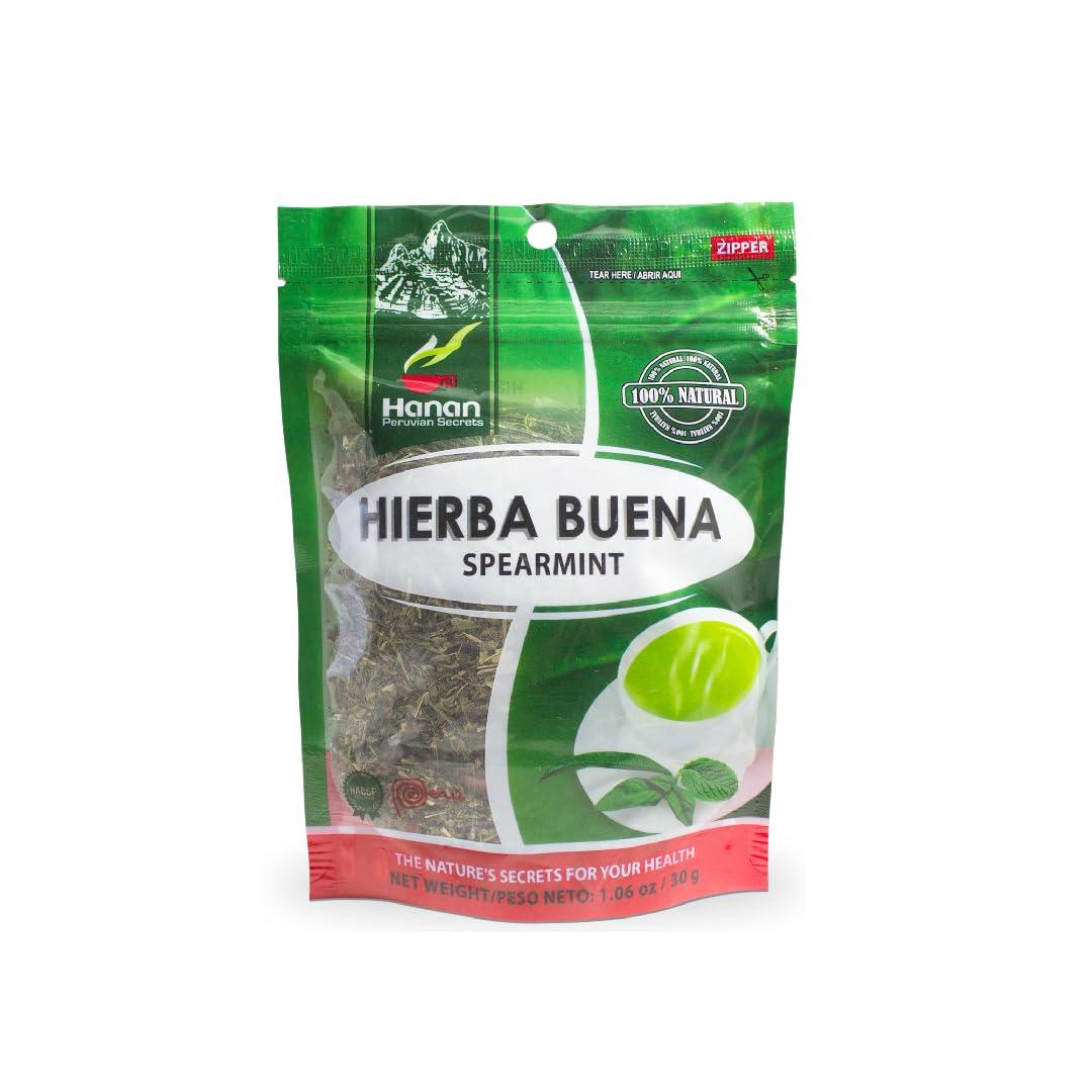 HANAN PERUVIAN SECRETS Hanan Peruvian Secrets Hierba Buena|100% Natural Spearmint|1.06oz / 30g|Naturally Aids in Fighting Digestive Disorders, Abdominal Cramps|Promotes Healthy Digestion