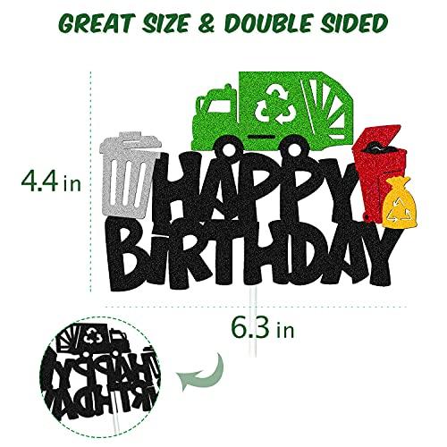 YOYMARR Garbage Truck Cake Topper Happy Birthday Sign Cake Decorations for Trash Green Recycling Truck Themed Bday Party Supplies
