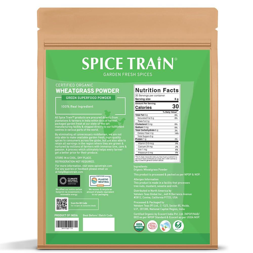 SPICE TRAIN USDA Organic Wheatgrass Powder (10oz) Rich Green Powder - Lab Tested | 100% Whole Leaf | Gluten Free, Non-GMO | No Sugar, No Artificial Ingredients | Resealable Ziplock Pouch