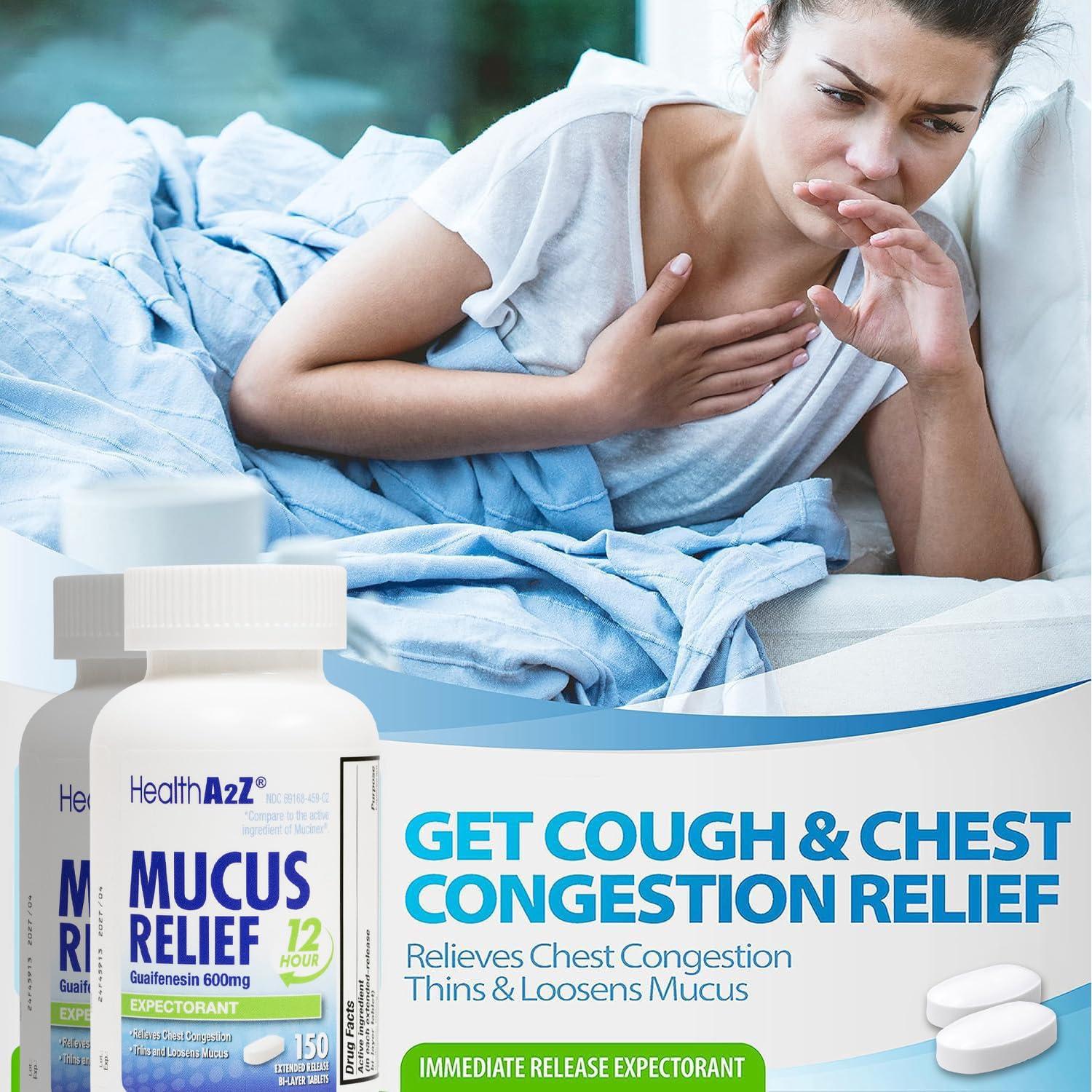 HealthA2Z HealthA2Z Mucus Relief | Guaifenesin 600 mg | 12 Hour | No Benzene | Expectorant | Relieves Chest Congestion | Thins and Loosens Mucus | Extended Release (150 Counts)