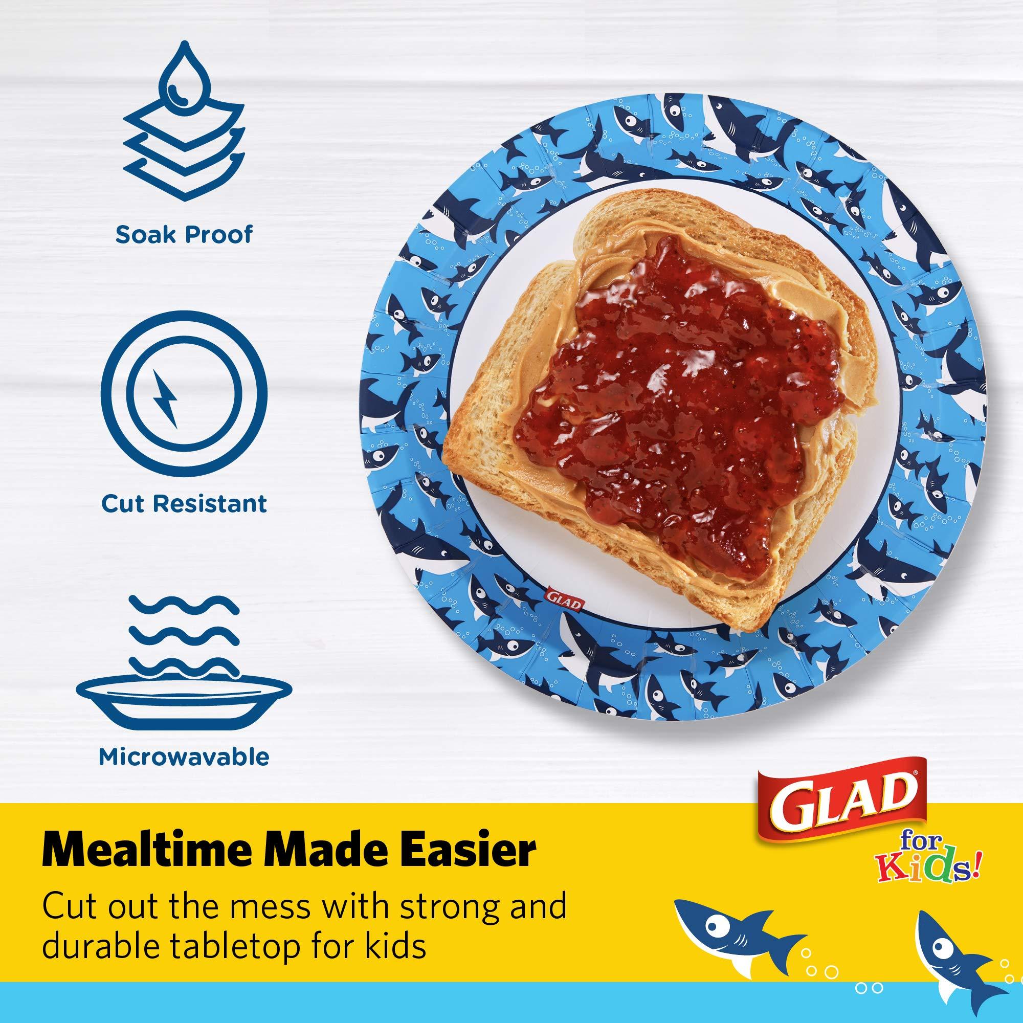 Glad Glad for Kids Shark Paper Plates, 20 Count - 6 Pack | Small Round Paper Plates With Cute Sharks for Kids | Heavy Duty Disposable Soak Proof Microwavable Paper Plates for All Occasions, 8.5 Inch