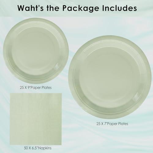 WYQJHKV WYQJHKV Sage Green Paper Plates,100 Pcs-50 Pcs Sage Green Paper Dessert Plates+50 Pcs Sage Green Napkins,Disposable Dinner Plates for Jungle Birthday Bridal Shower Party Supplies