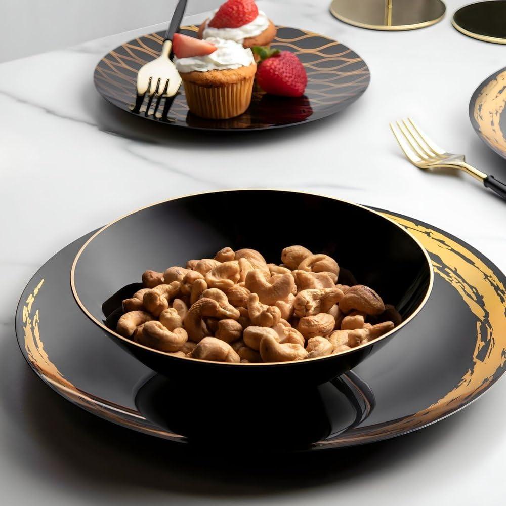 Decorline Black & Gold Round Dinner Plastic Plates Set - 10.25\" (10 Piece) | Premium & Luxurious Design - Ideal for Weddings, Parties & Events