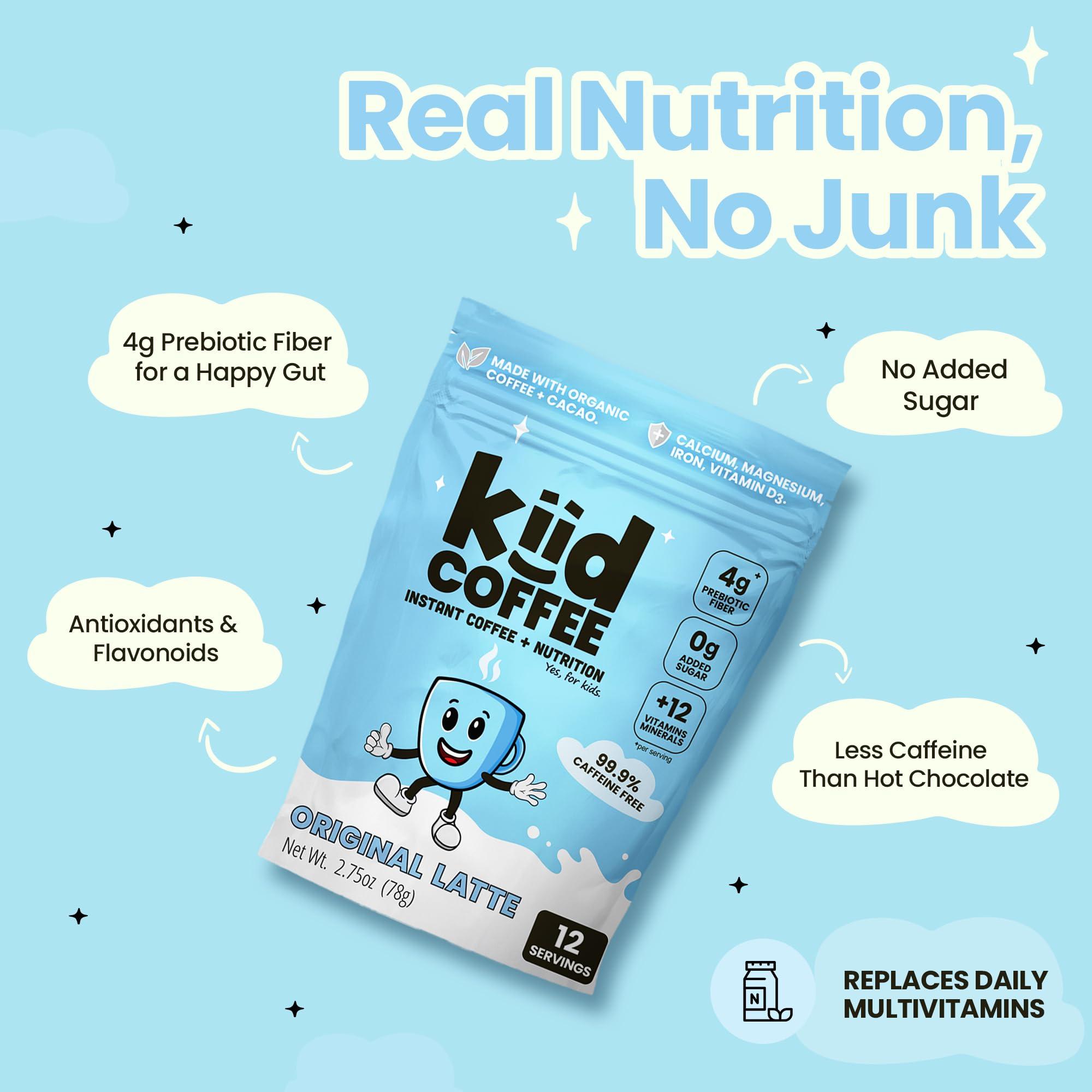 kiid Kiid Coffee Instant Latte - 99.9% Caffeine Free - Organic Decaf Coffee, 4g Fiber, 0g Sugar, 12 Vitamins & Minerals For Kids - Allergen Free & Vegan - Just Add Milk - Drink Hot or Cold (12 Servings)