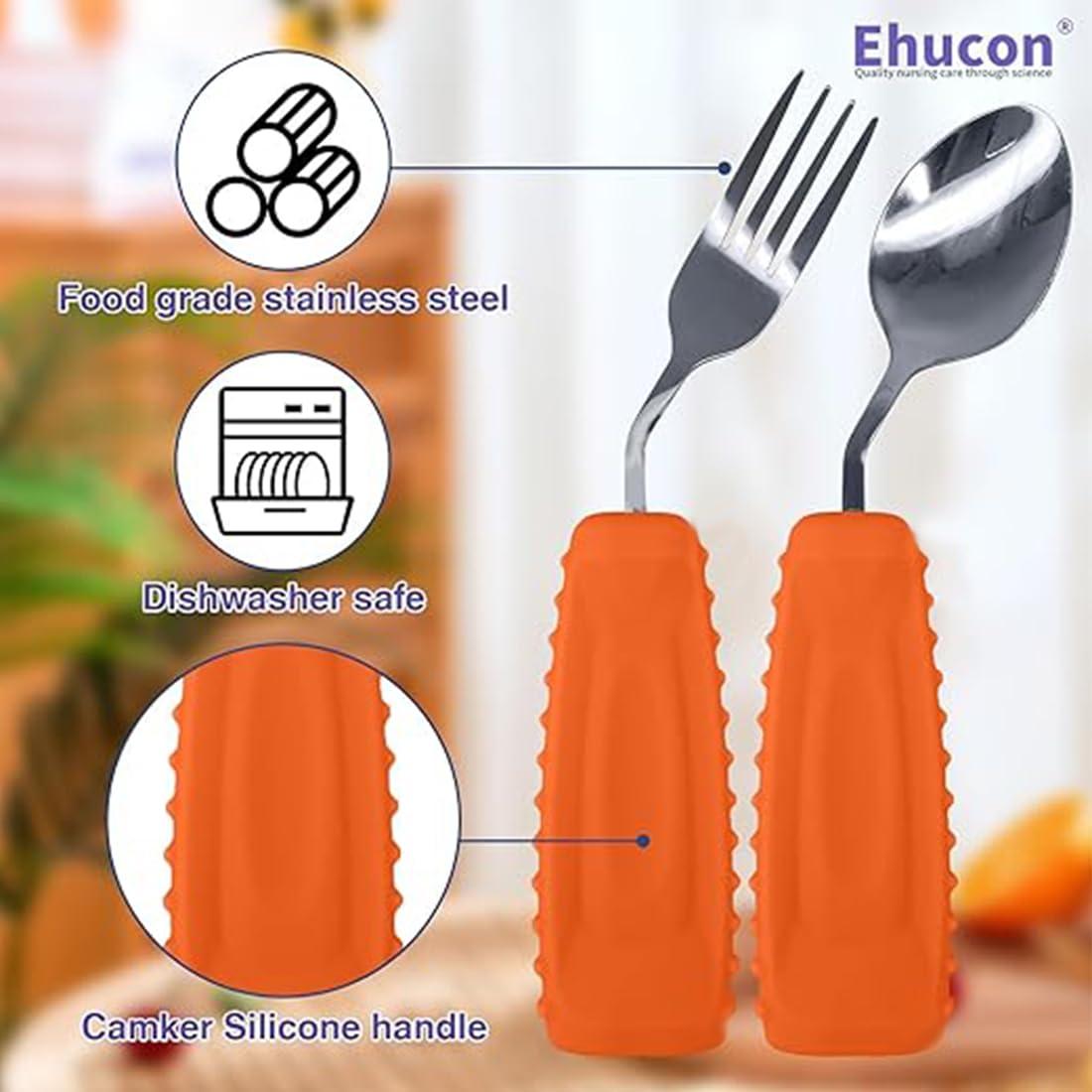 Ehucon Ehucon Adaptive Utensils,Weighted Angled Silverware,Parkinsons Aids,Angled Silverware Spoon and Fork Set for Elderly, Arthritis, Dementia, Disable, Handicapped Hands (Left Hand,Pack of 2,Orange)
