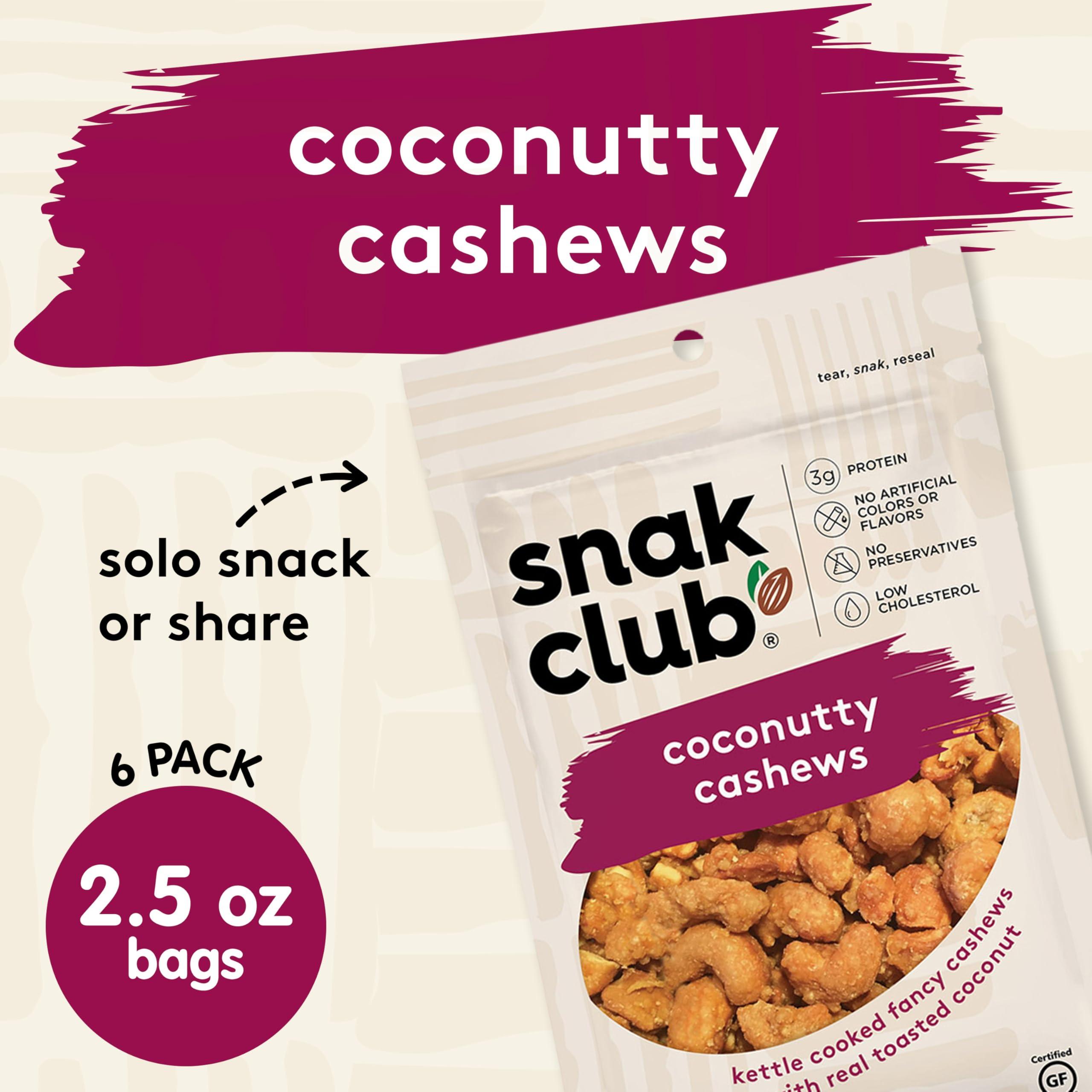 Snak Club Snak Club Coconutty Cashews, Kettle Cooked Fancy Cashews with Toasted Coconut, Gluten-Free and Kosher Snack, 2.5 oz Snack Bags, 6 Pack
