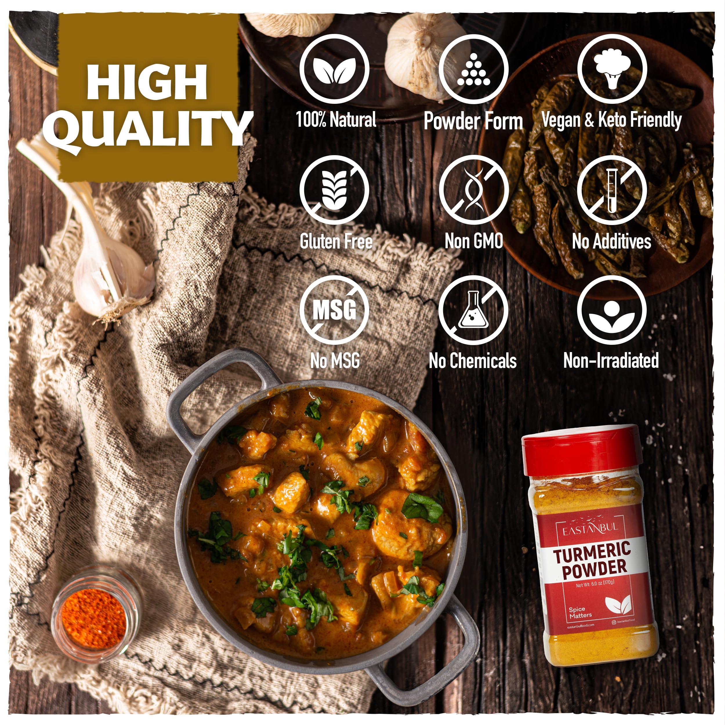 Eastanbul Eastanbul Turmeric Powder, 6oz, Ground Turmeric Powder AKA Curcuma En Polvo, Indian Tumeric Ground & Pure, Top-Notch Culinary, Perfect for Golden Milk, Sauces, Dressings, Natural, Vegan, Non-GMO